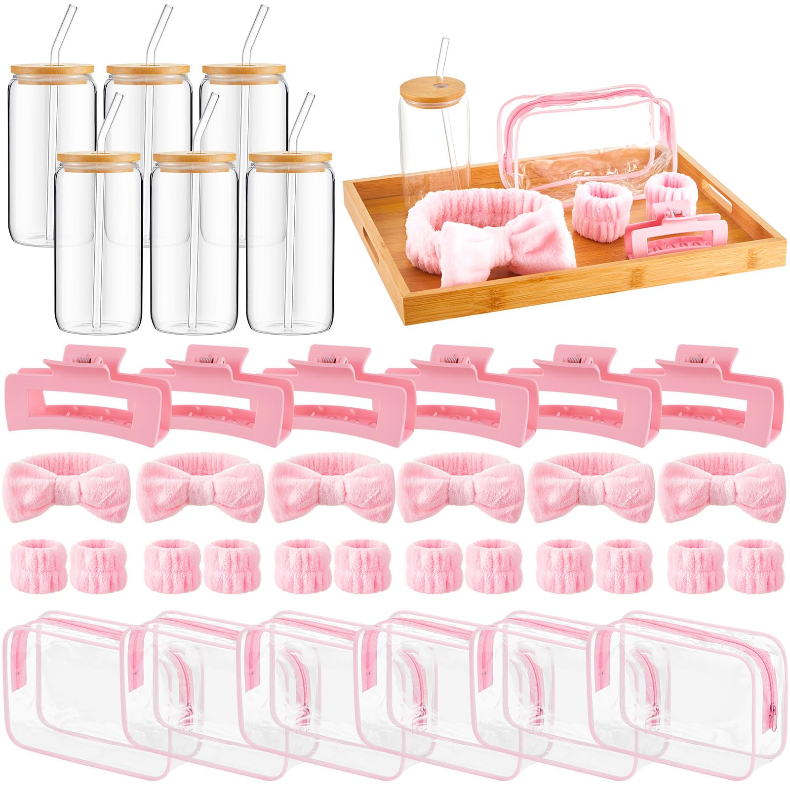 FoldTier 6 Set Spa Sleepover Party Supplies for Girls Include 16oz Glass Cups Headbands, Wristbands, Hair Claw Clips and Clear C