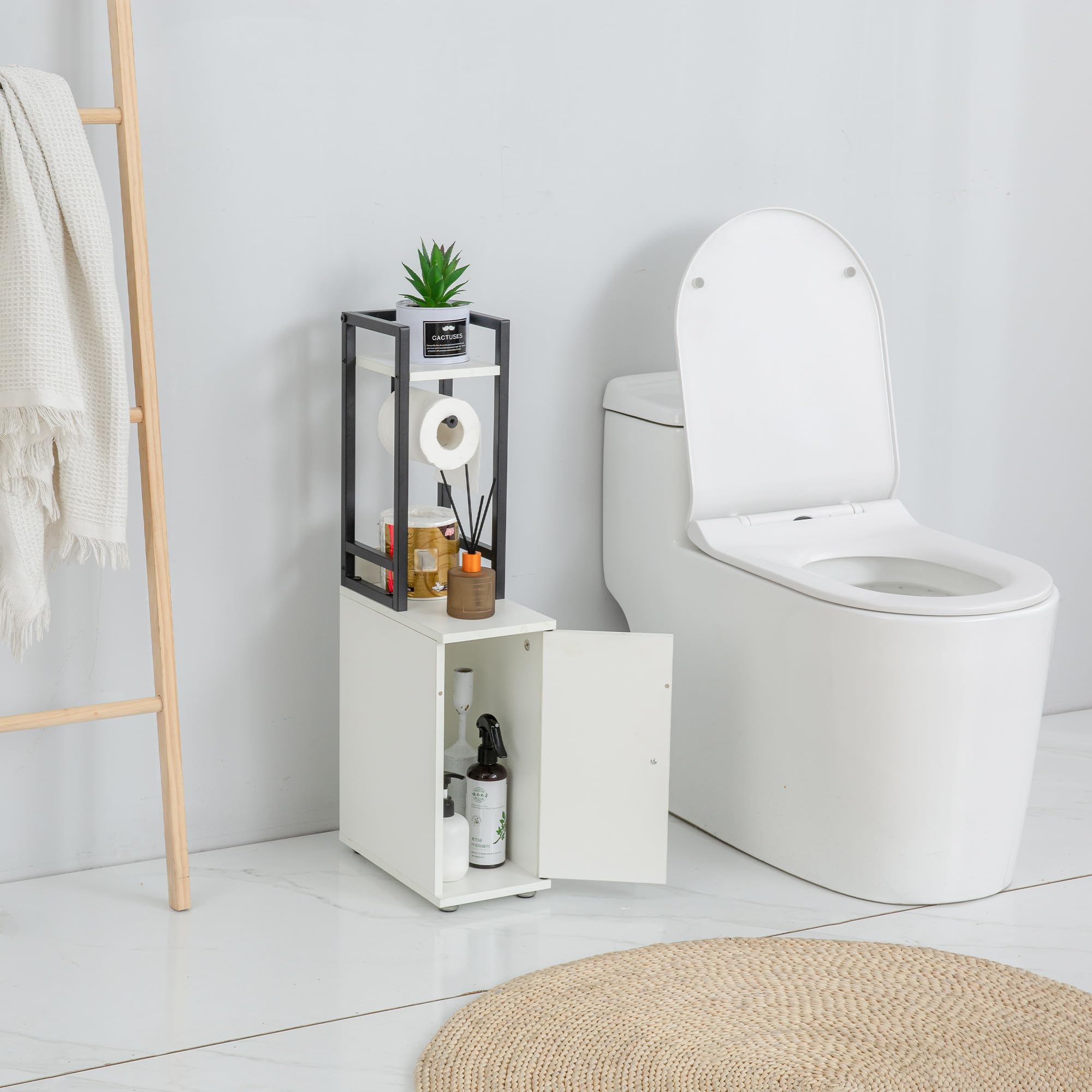 Suntage Small Bathroom Storage Cabinet, Narrow Side Bathroom Organizer W/Toilet Paper Roll Holder And Metal Frame, Slim Toilet P