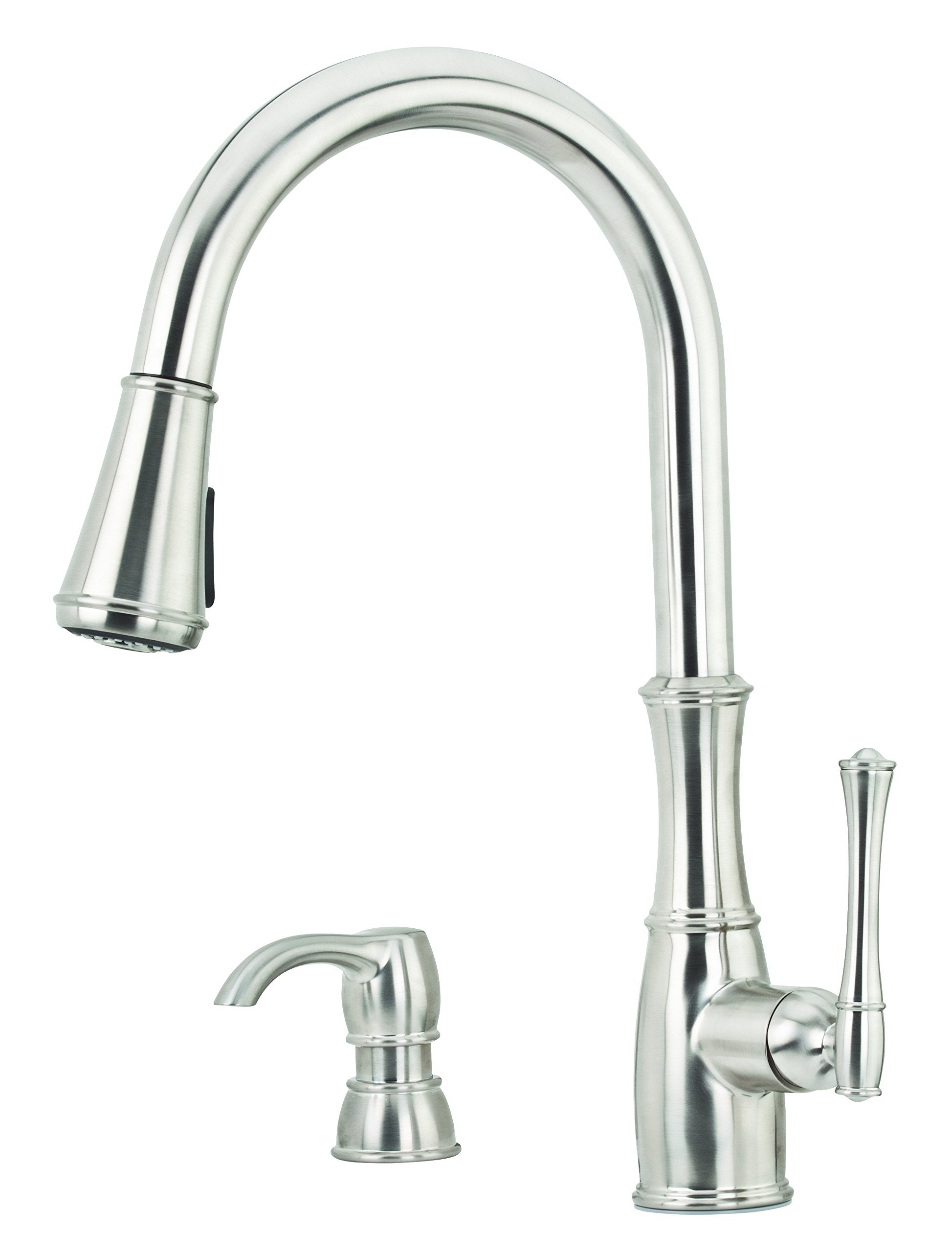 Pfister Wheaton Kitchen Faucet with Pull Down Sprayer and Soap Dispenser, Single Handle, High Arc, Stainless Steel Finish, GT529