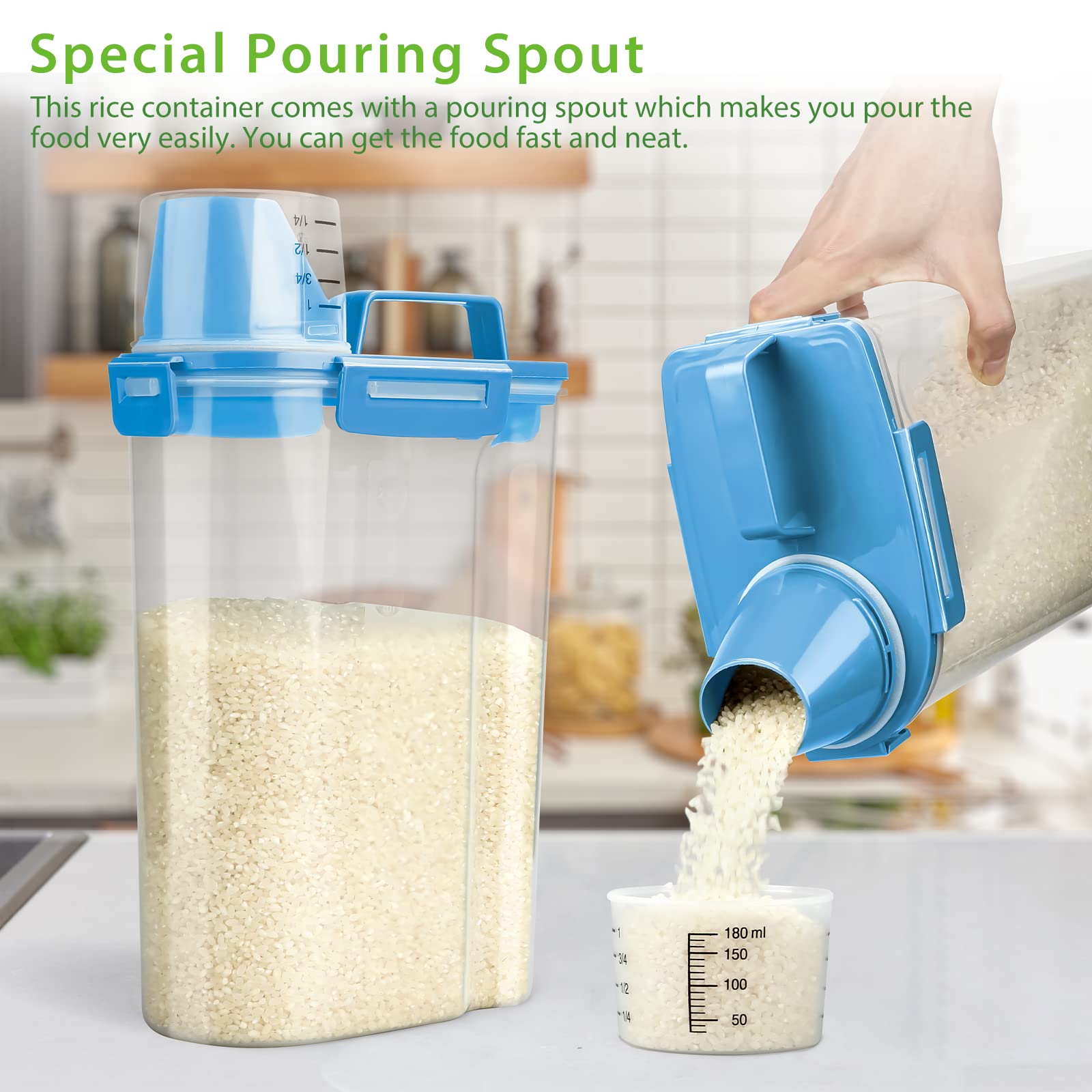 Viretec Rice Airtight Storage Container, 3 To 5Lbs Cereal Dry Food Flour Bin, Pet Dog Cat Food Dispenser With Measuring Cup, Bpa