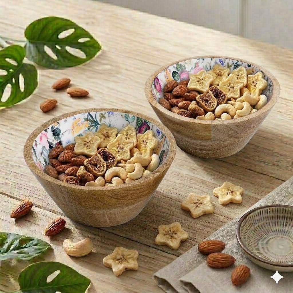Saaga Mango Wood Nuts Bowl Set Of 2-6 X 3 Inch Decorative Wooden Snack & Dry Fruit Bowls | Soup & Serving Katori For Kitchen - R
