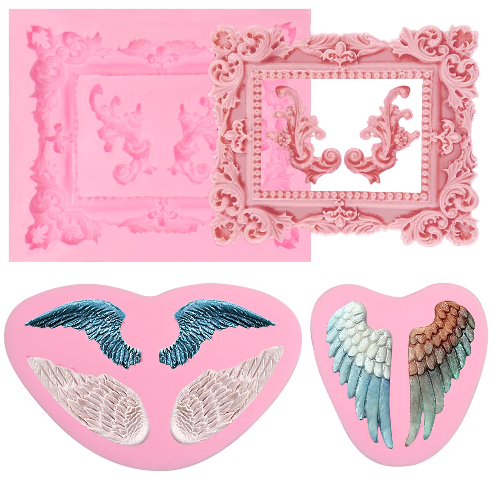 Angel Wings Silicone Molds 3 Pcs, Baroque Photo Frame Fondant Mold For Chocolate Cake Decoration Candy Cupcake Topper Polymer Cl