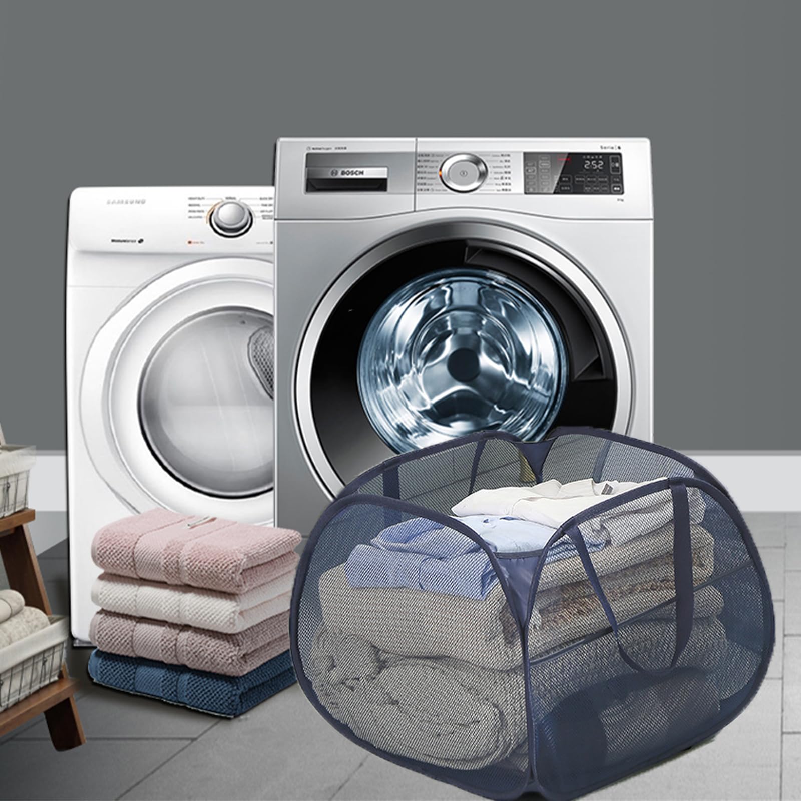 Kimmama Collapsible Mesh Laundry Basket,Foldable Pop Up Laundry Hamper With Side Pocket,Removable Clothes Storage Bin With Handl