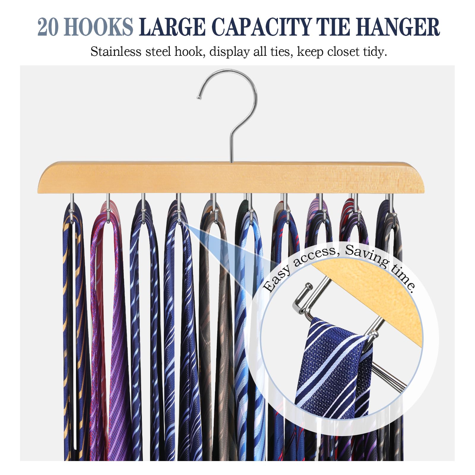 Tie Rack Belt Hanger For Closet, Fitnice Upgraded Non Slip Tie Hanger Space Saving With 20 Foldable Hooks Wooden Belt Tie Organi