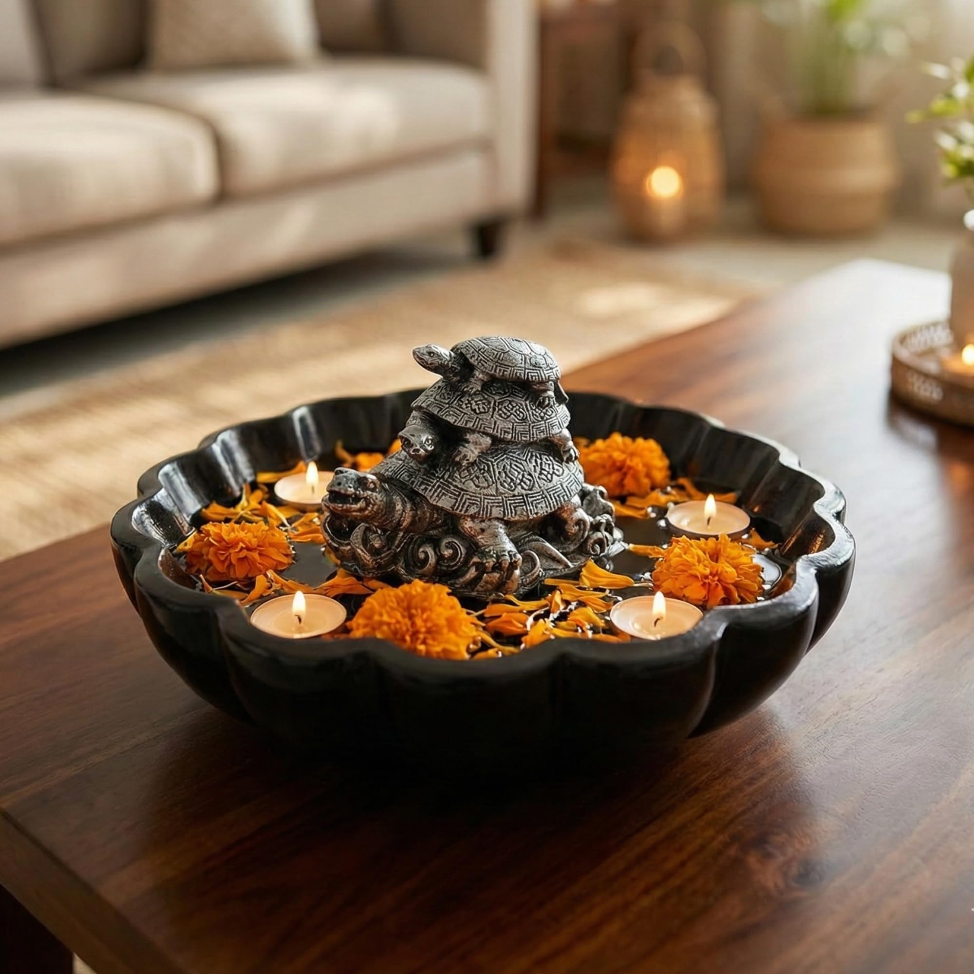 Ecraftindia Three-Tiered Tortoise Statue Urli Bowl For Home Decoration Office | Feng Shui Item For Good Luck | Urli For Floating