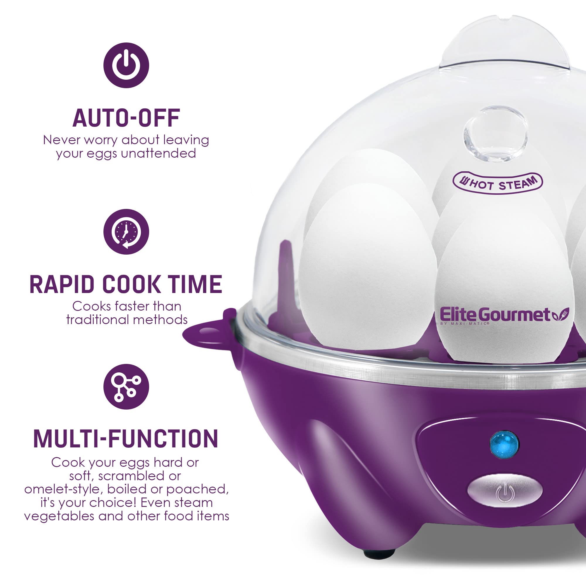 Elite Gourmet Easy Electric 7 Egg Capacity Cooker  Poacher  Omelet Maker  Scrambled  Soft  Medium  Hard Boiled with Auto Shut-Off and Buzzer  BPA Free