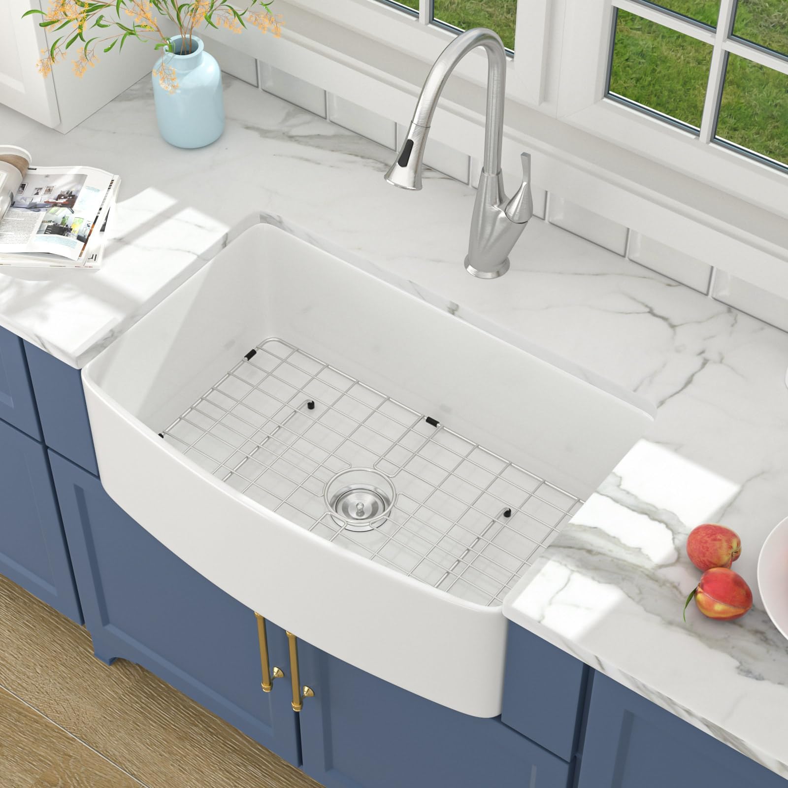 Lordear 30 White Farm Sink 30X19 Inch Farmhouse Sink White Fireclay Ceramic Porcelain Curved Apron Front Single Bowl Farm Kitche