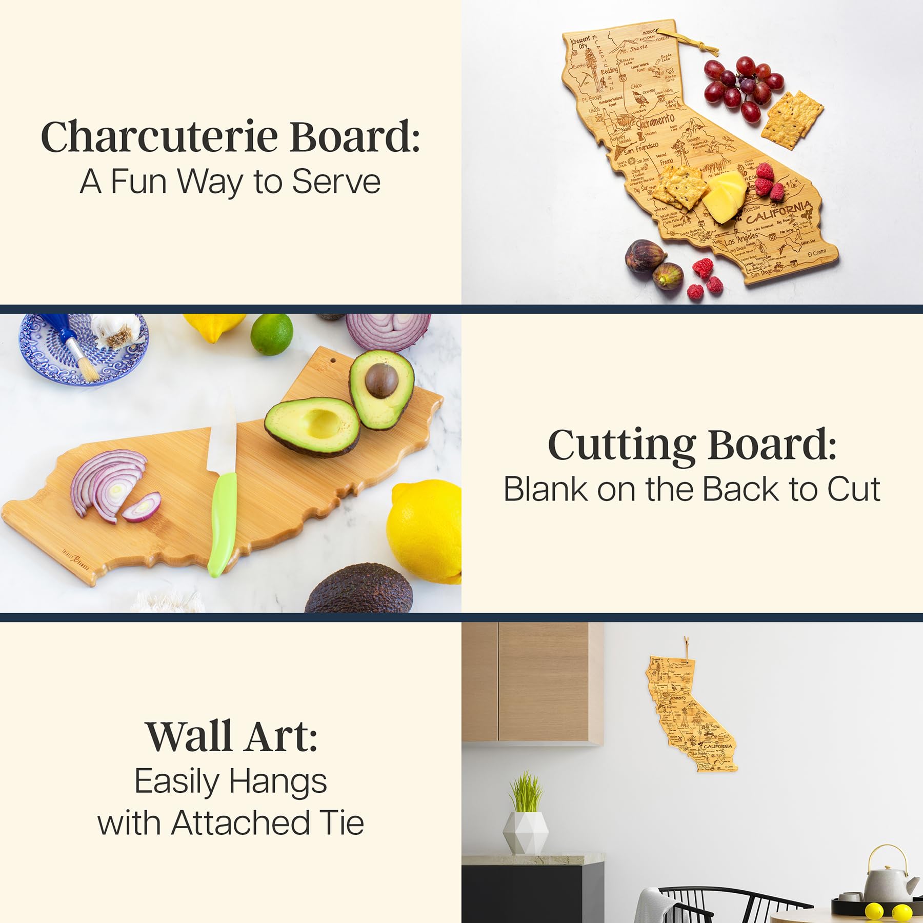 Totally Bamboo Destination California State Shaped Cutting Board, Charcuterie and Cheese Serving Board - California Gift for Hom