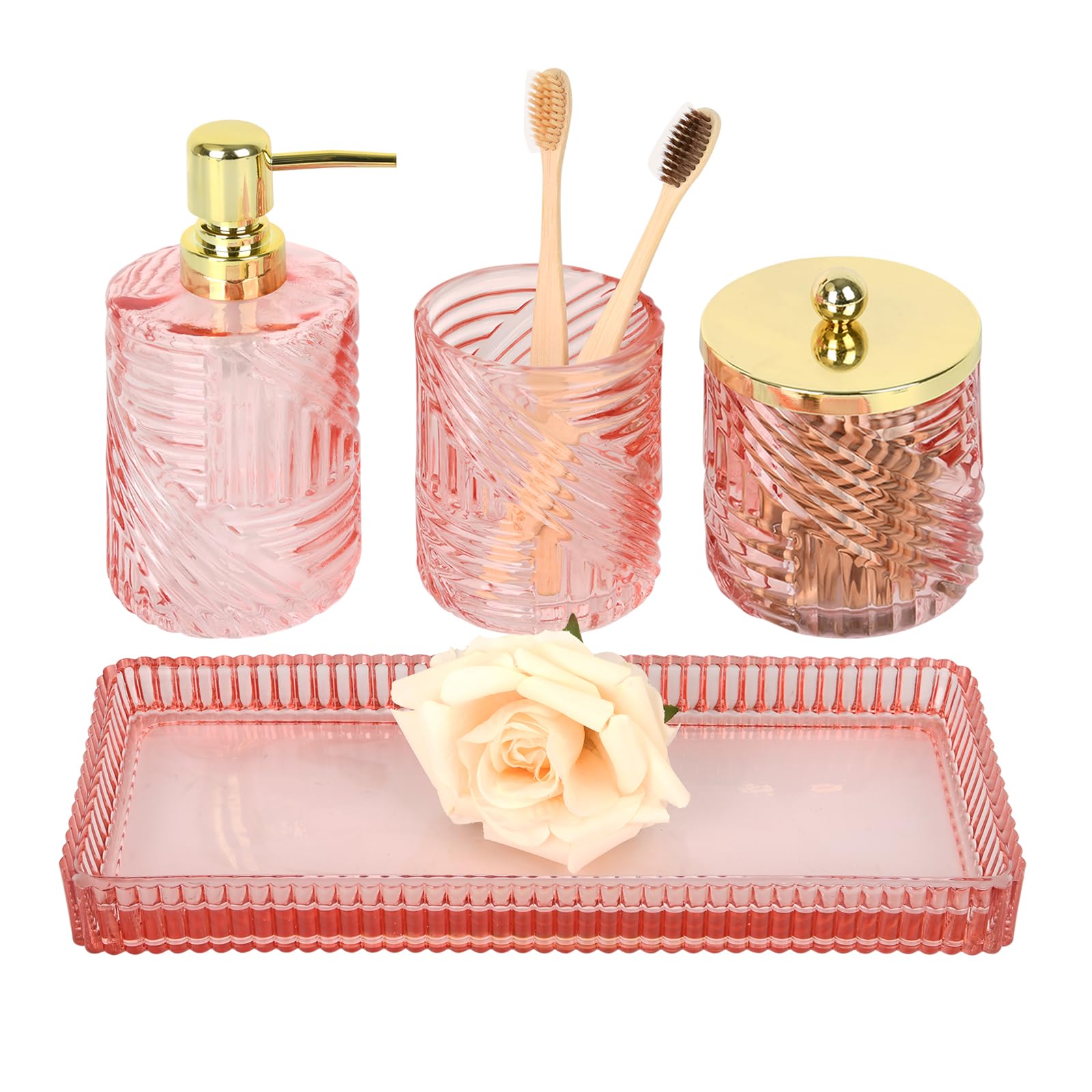 Bathroom Accessories Set,4 Pcs Pink Glass Bathroom Accessories Sets Complete With Lotion Soap Dispenser,Toothbrush Holder,Qtip H