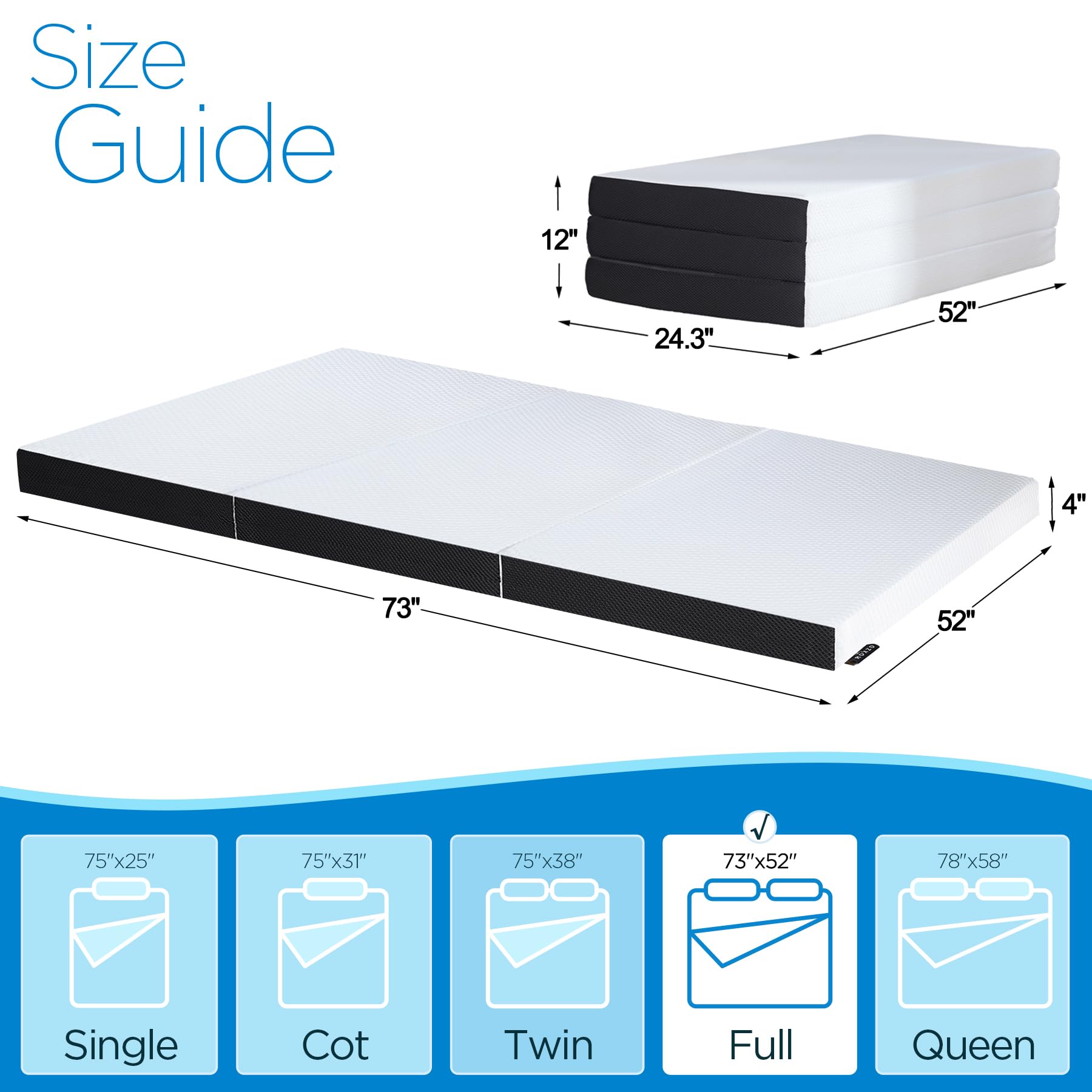 Roxzo Folding Mattress, 4Inch Memory Foam Trifold Mattress, Full Size Folding Mattress With Breathable & Washable Fabric Cover,