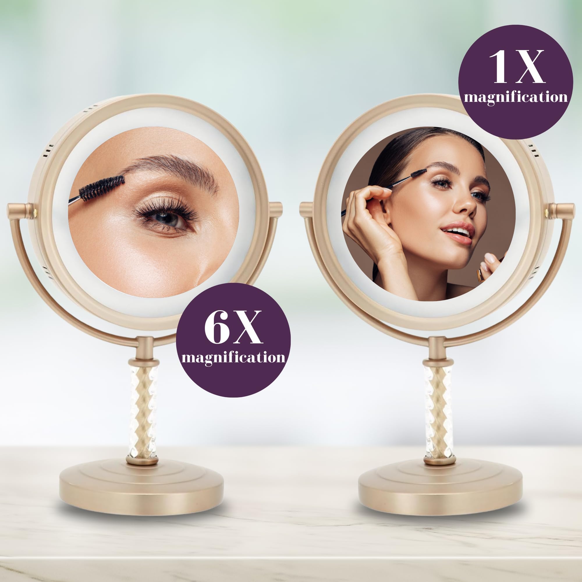 Jerdon Lighted Tabletop Makeup Mirror - 6X/1X Magnifying Mirror With Lights - Brass Finish - Model Hl856Bc