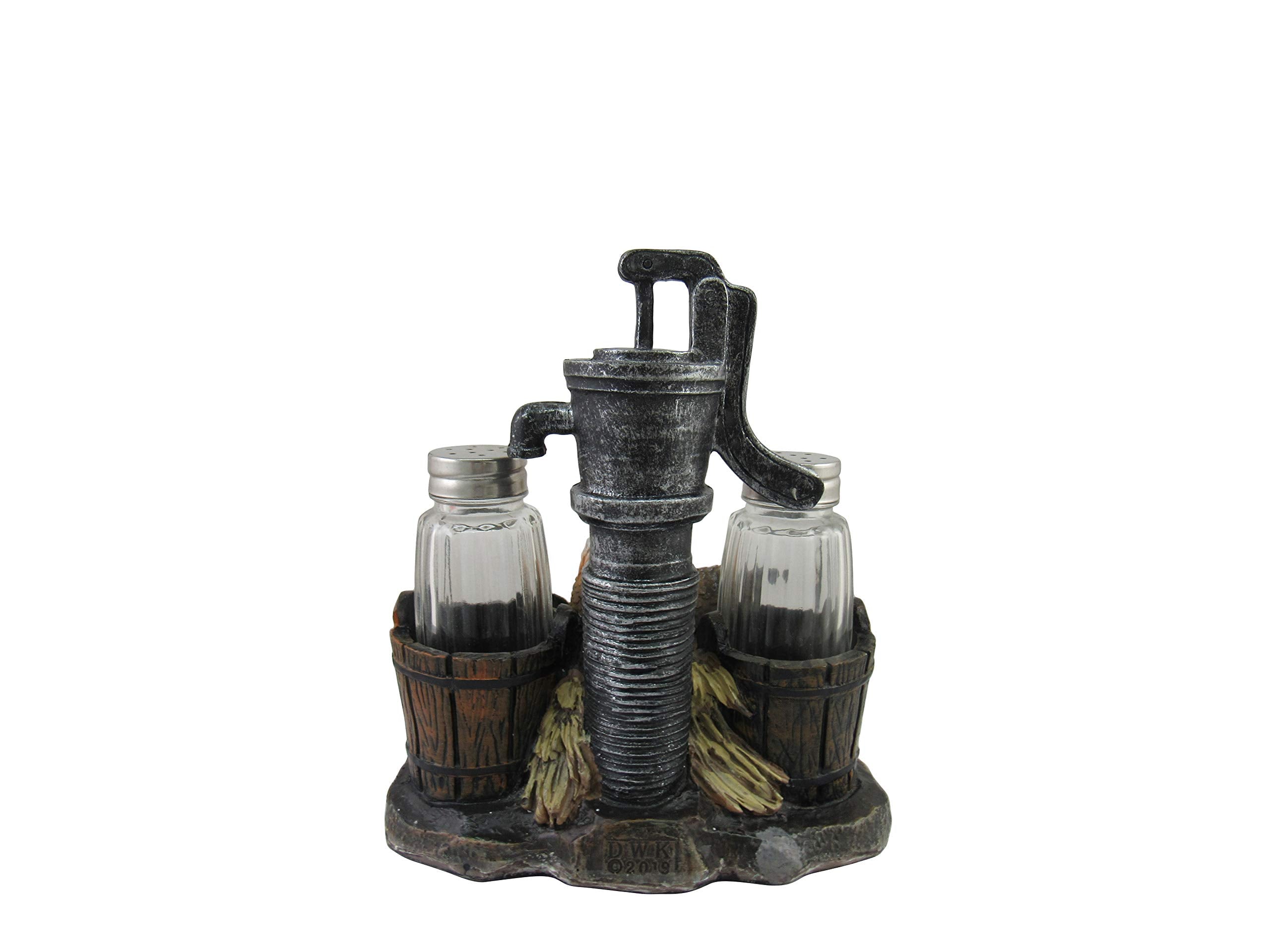 Dwk Farmhouse Chicken Figurine With Vintage Water Pump Spice Holder With Refillable Salt And Pepper Shakers 3 Piece Set | Rustic