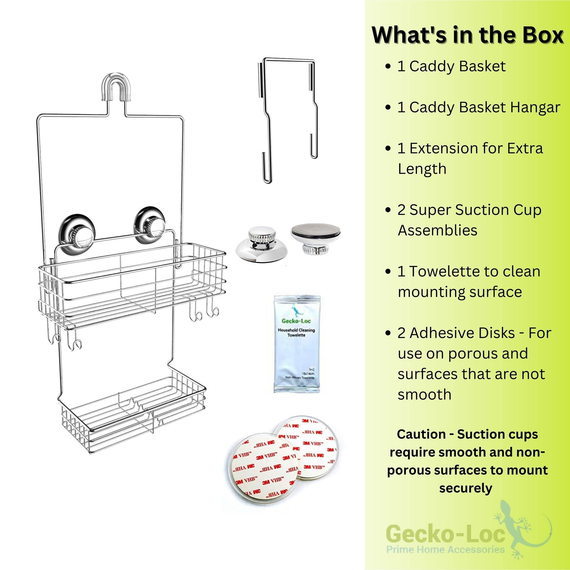 Gecko-Loc Extra Long Wide Adjustable Length Over The Showerhead Hanging Shower Caddy Organizer - Stainless Steel Bathroom Caddie