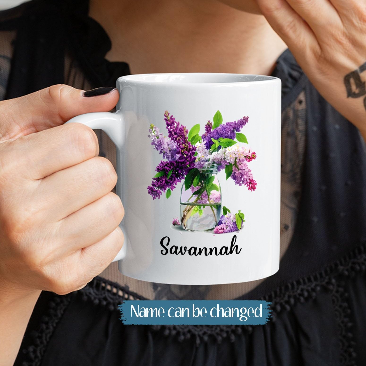 Lilac Ceramic Mug, Custom Lilac Flowers Gifts, Personalized Floral Name Tea Cup, Customized Lilac Lovers Coffee Mug, Violet Flow