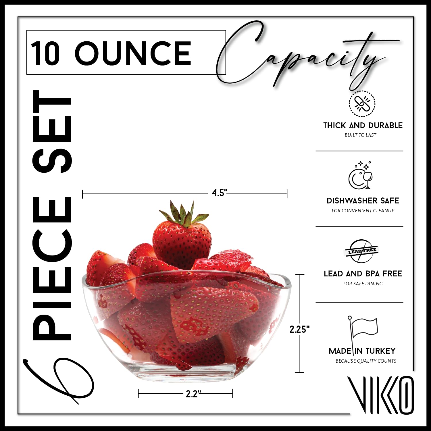 Vikko Glass Bowls, Set Of 6 Decorative Glass Dessert Bowls, 10 Ounce Glass Dish For Dessert, Candy, Kitchen Prep, Dishwasher Saf