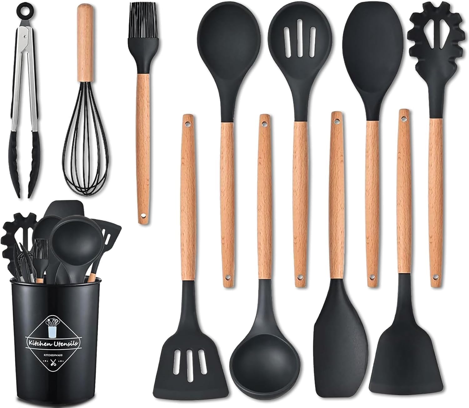 Fezda Silicone Wooden Spatula Set With Stand  11Pcs Kitchen Utensils Set For Baking, Stirring, And Frying  BpaFree Silicone U