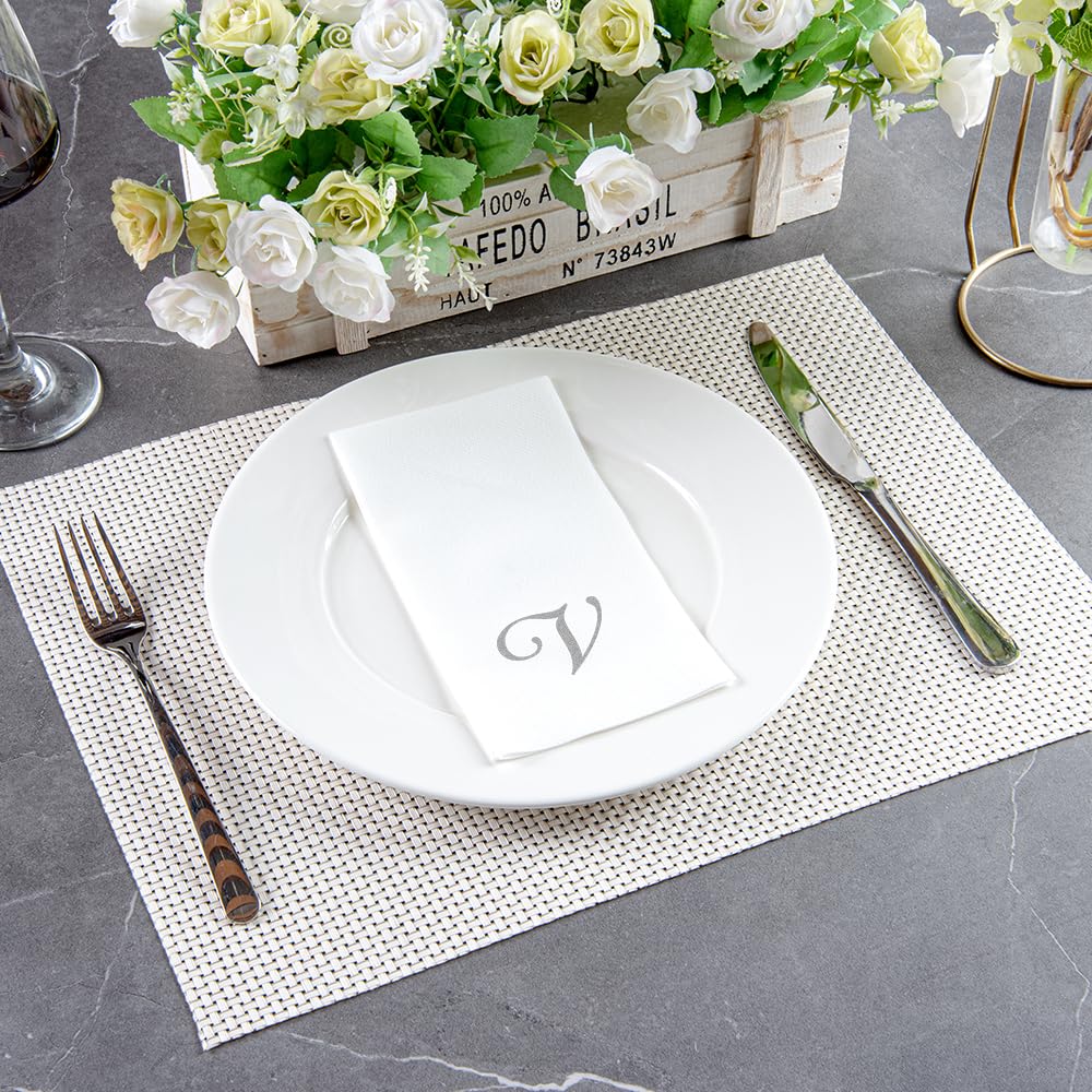 Luxenap 15.8 X 7.9 Inch Linen-Feel Guest Towels, 50 Disposable Striped Hand Towels - Silver Letter 'V', Cursive Font, White Pape