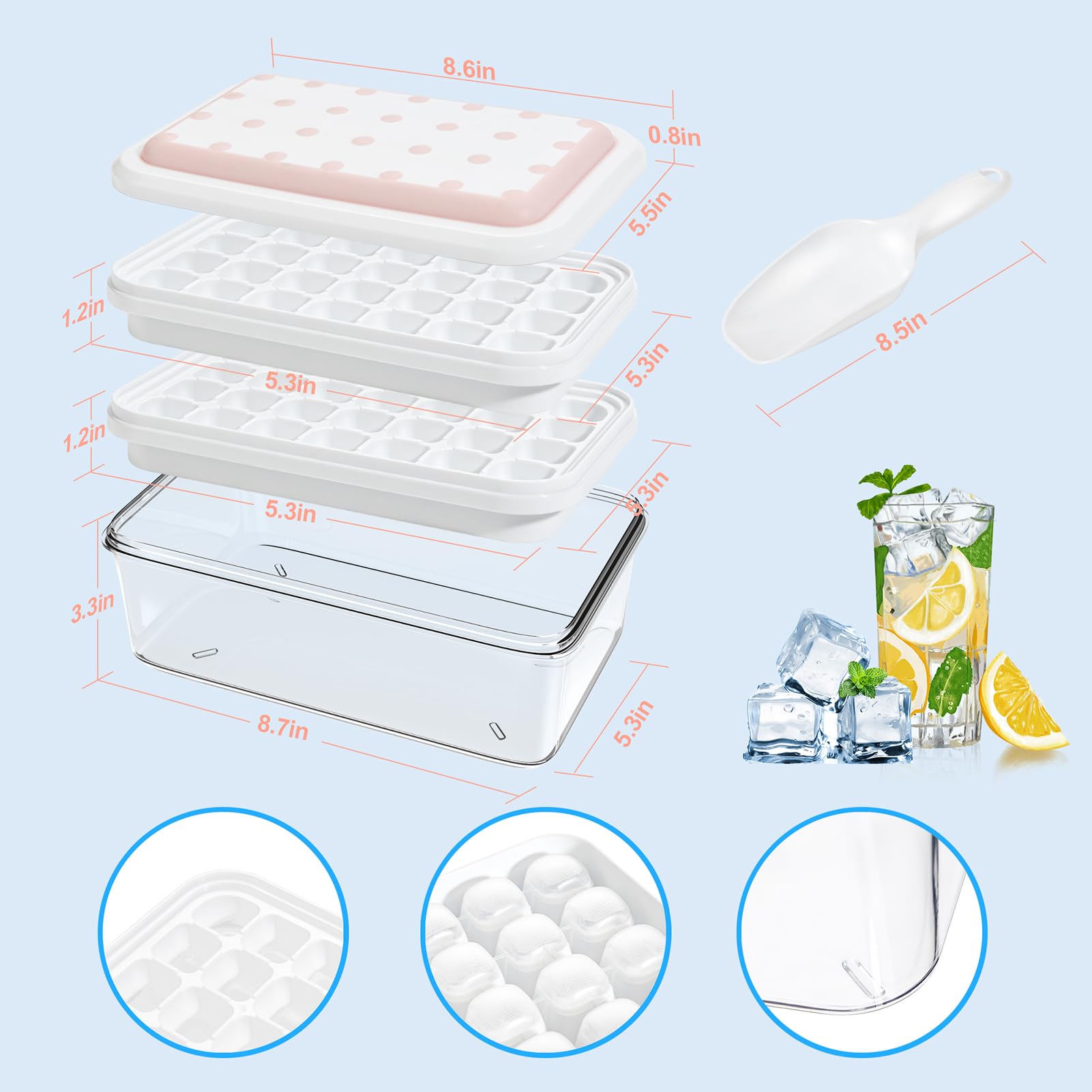 Ice Cube Tray With Lid And Bin, 2 Pack Silicone Ice Cube Trays For Freezer, 56-Ice Trays For Freezer,Ice Cube Molds, Bpa Free, L