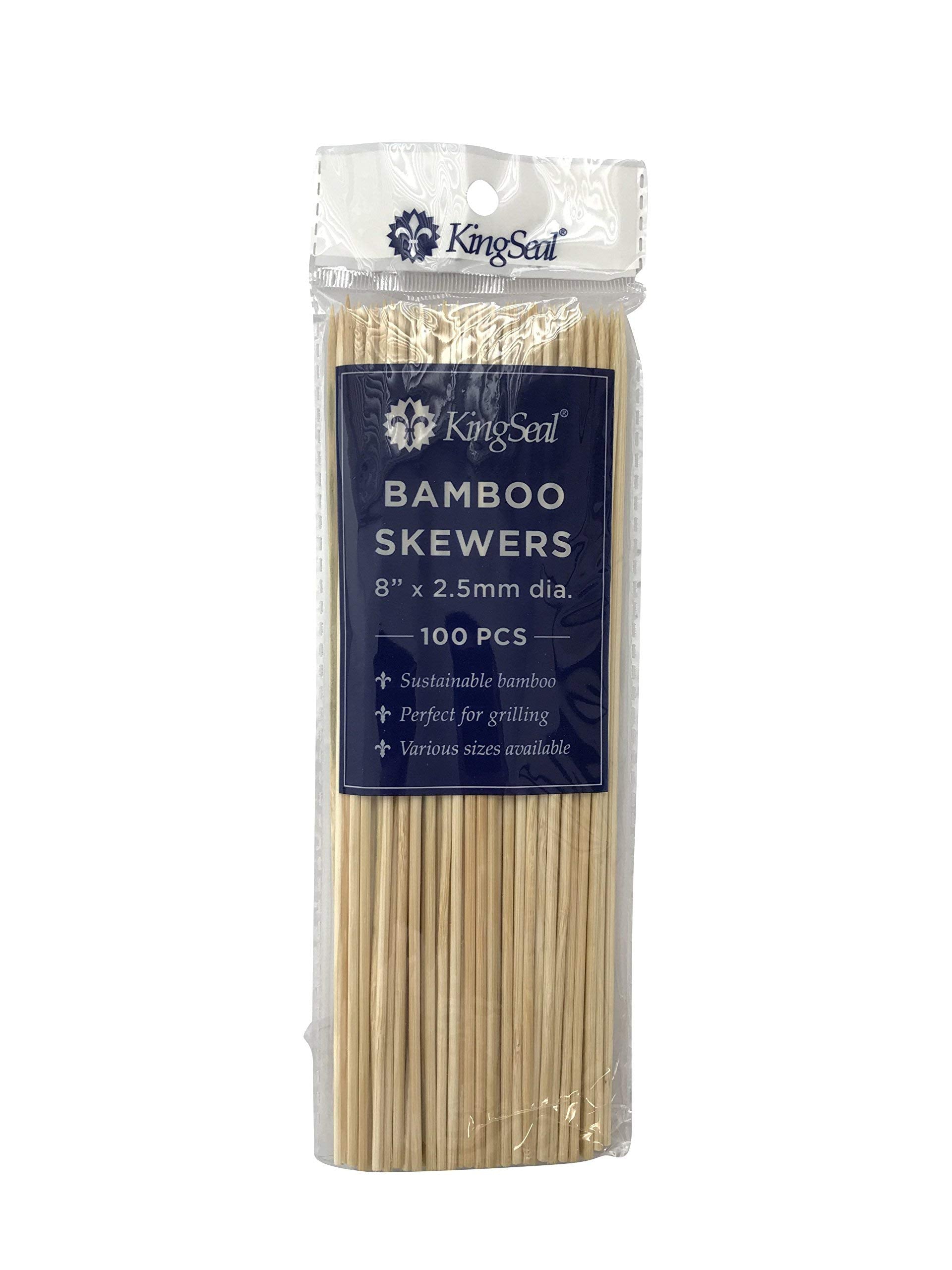 Kingseal Natural Bamboo Wood Grilling Skewers, 8 Inches X 2.5Mm Diamter, For Shish Kebabs, Bbq, And Fruit Arrangements, Bulk Pac