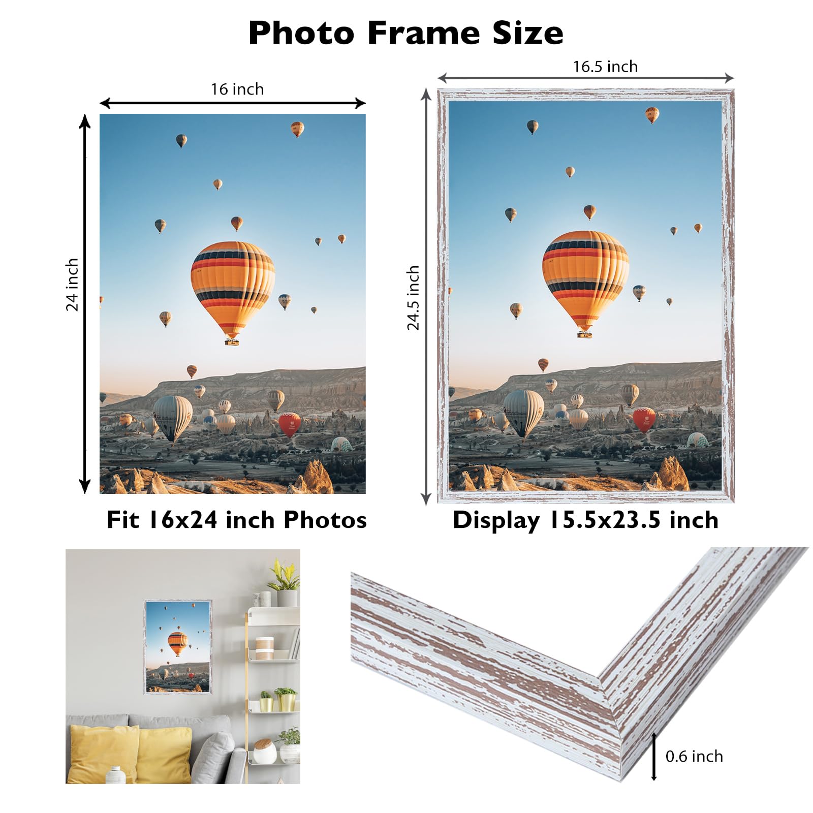 JCJMY 16x24 Picture Frame Rustic White for Poster Photo Picture and 40x60 cm Canvas, Horizontal and Vertical Formats for Wall Ha