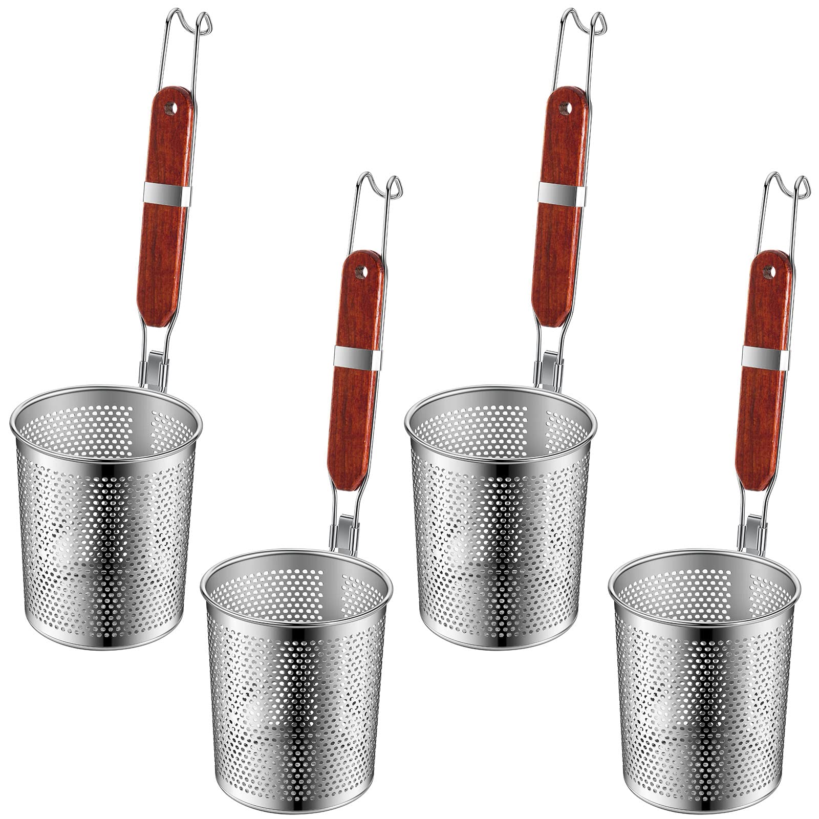 Tessco 4 Pcs Pasta Strainer, 4.7 x 5.2 Stainless Steel Pasta Basket Mesh Cooker with Wood Handle, Spider Strainer Kitchen Skim