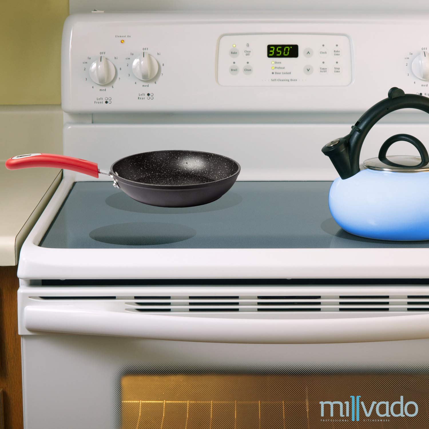 Millvado 11'' Nonstick Frying Pan: Large Skillet With Heavy Duty Non Stick Coating - Red Silicone Handle - Induction Compatible