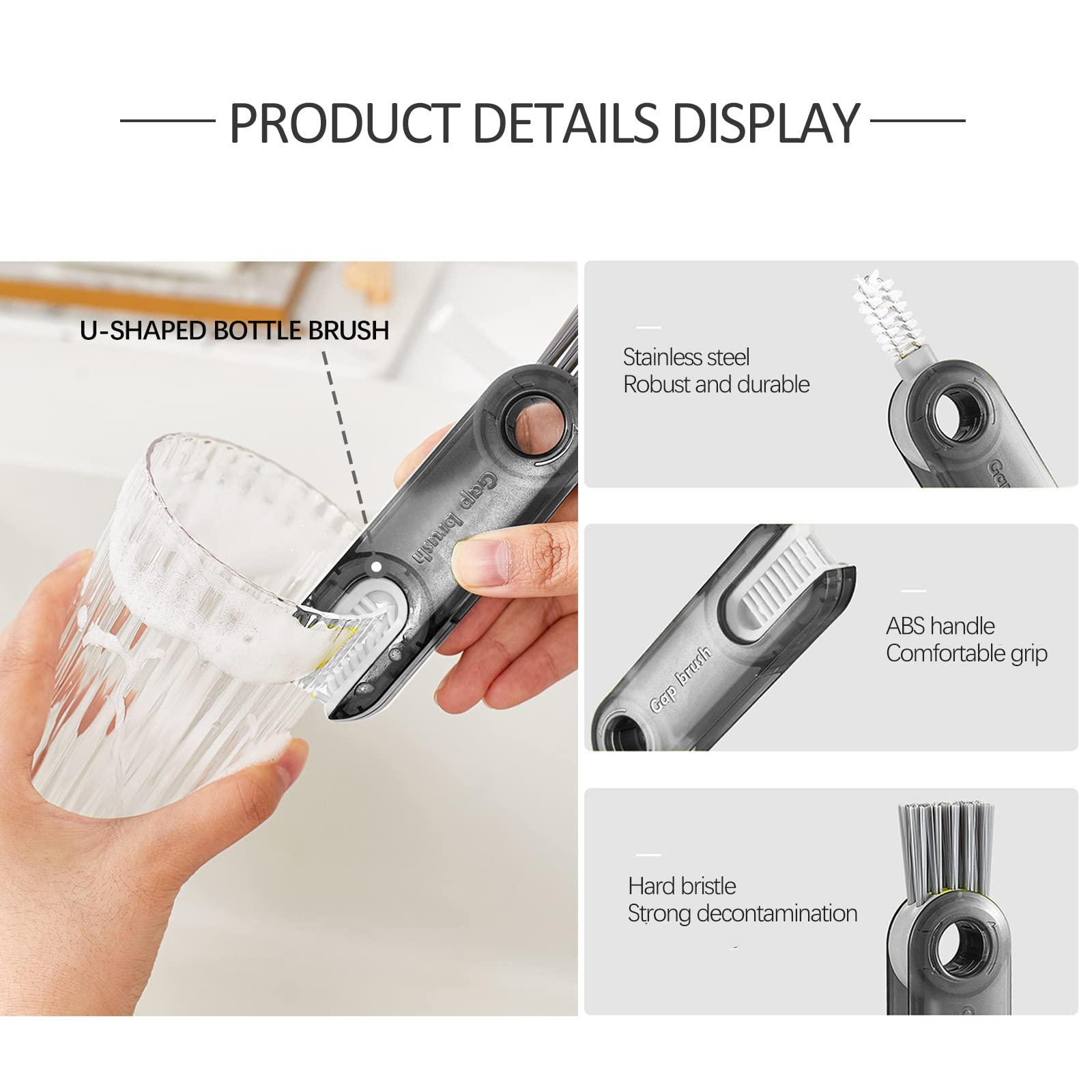 Water Bottle Cleaner Brush Set, Meritpick 3 In 1 Multipurpose Bottle Gap Cleaner Brush & Long Handle Silicone Bottle Brush & Str