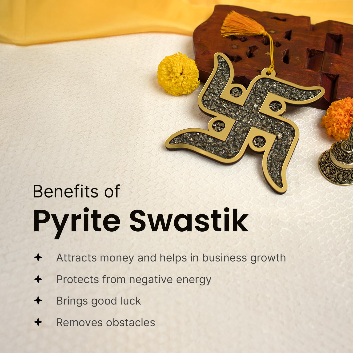 Astrotalk Pyrite Swastik Wall Hanging 13x13cm | Vastu Wall Decor Item with Natural Pyrite Stone | for Wealth, Protection & Positive Energy | Home Decor for Living Room, Bedroom & Mandir