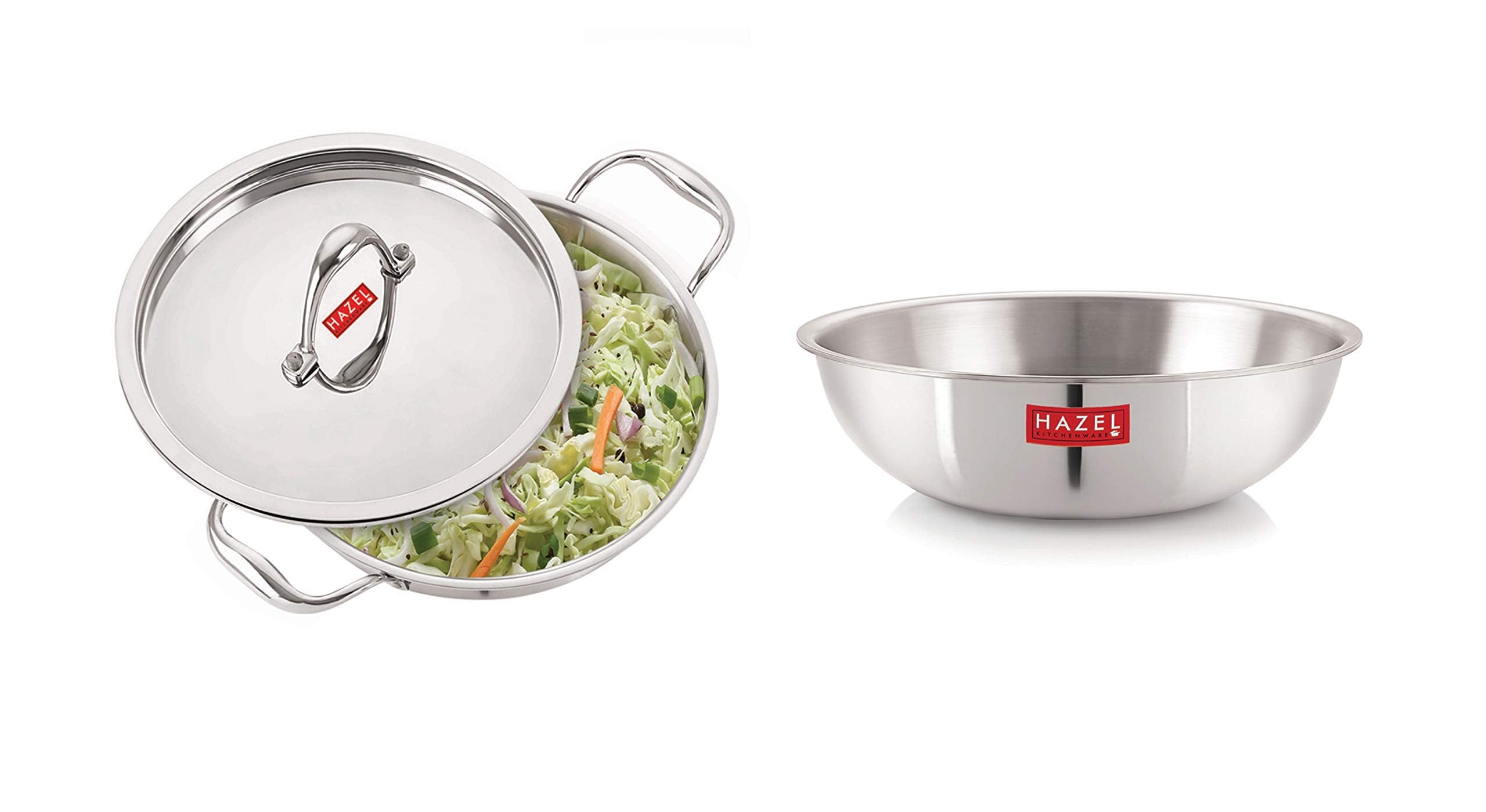 Hazel Triply Stainless Steel Induction Bottom Tasra & Kadhai With Steel Lid (Set Of 3), 1.2 Litre, 18.5 Cm