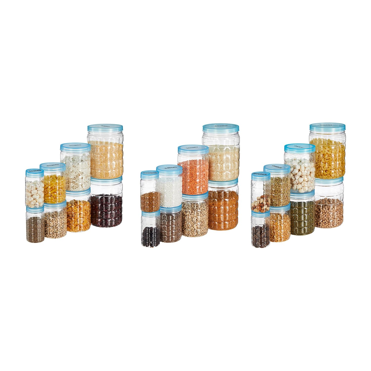 Amazon Brand - Solimo Checkered Jar Container Set Of 24 | 2000Ml, 1000Ml, 500Ml, 250Ml | Plastic | Transparent, Blue