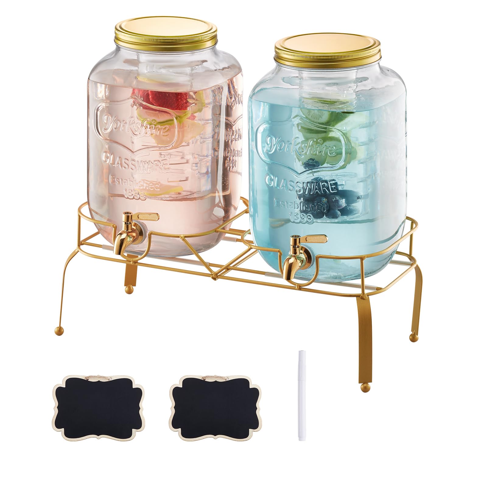 VEVOR Beverage Dispenser, 2 Pack 2 Gallon Drink Dispensers for Parties, Glass Juice Dispenser with Metal Stand, Stainless Steel 