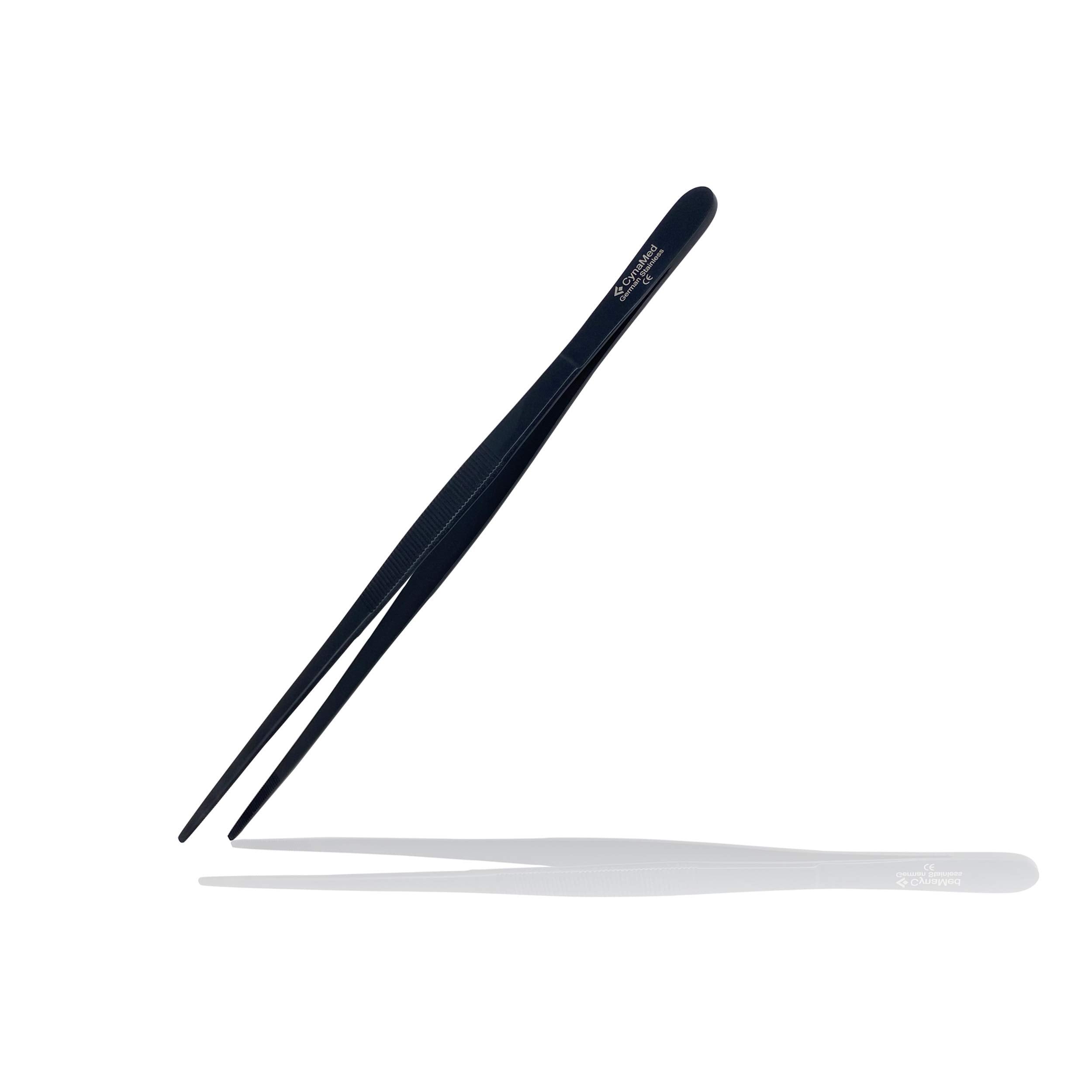 Cynamed 10    Kitchen Premium Tongs Tweezers Stainless Steel, Long With Precision Serrated Tips (Black)