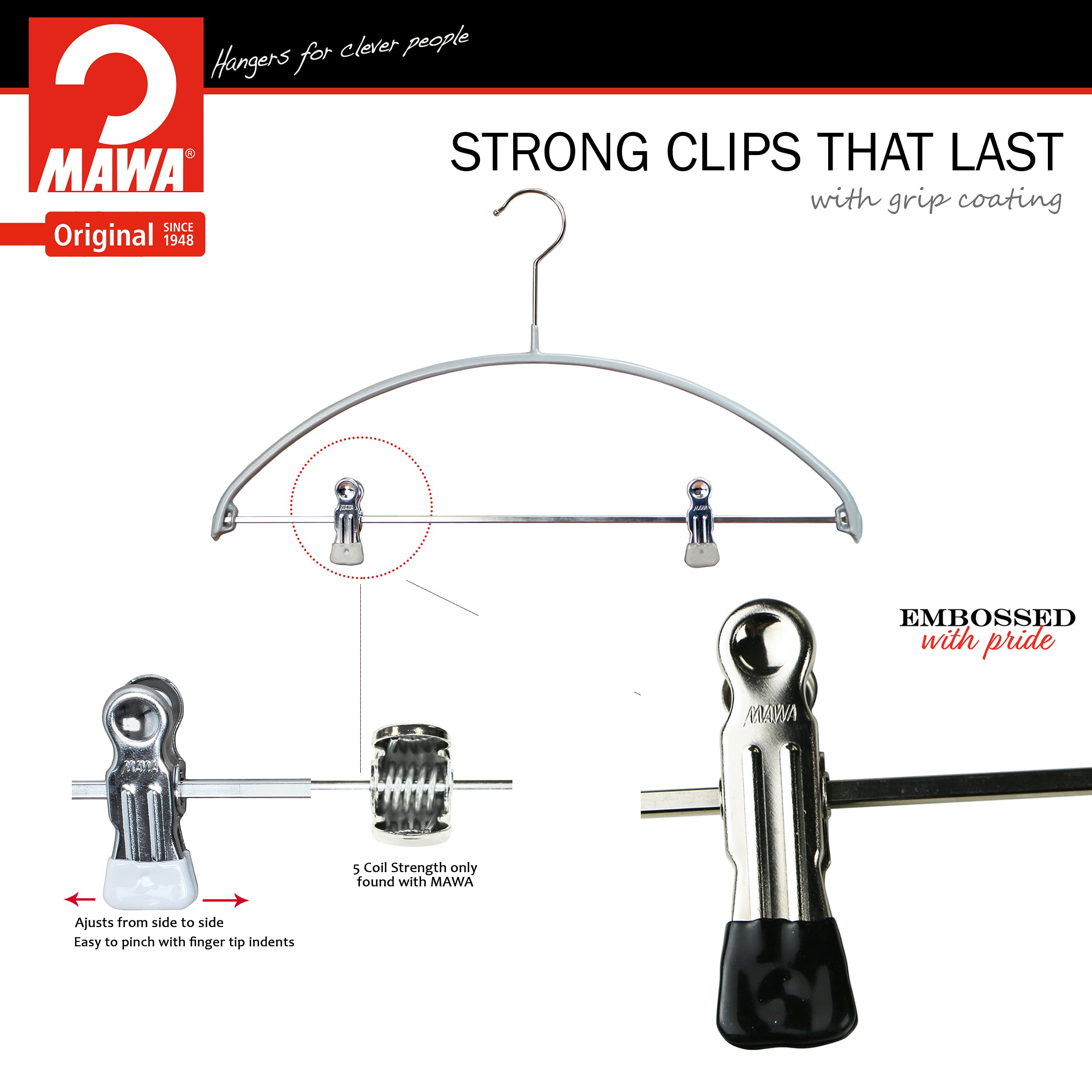 Mawa by Reston Lloyd European Non-Slip Metal Clothing Hanger  Smooth Shoulder Support & Adjustable Pant Clips  Set of 70  Silver
