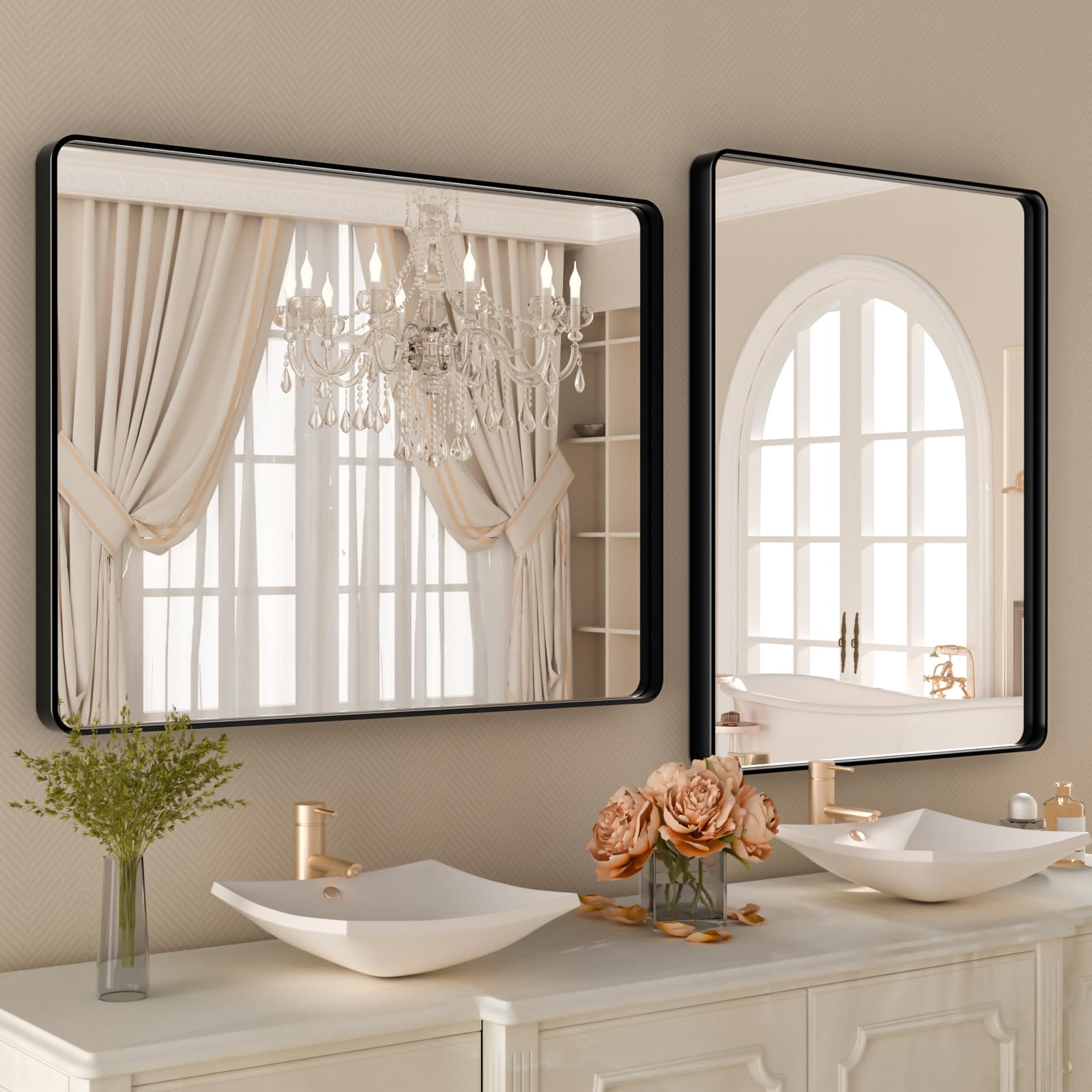 Istripmf Black Bathroom Vanity Mirror 48X32 Inch,Rounded Rectangle Matte Black Mirror For Wall,Black Matel Frame Mirror For Bath