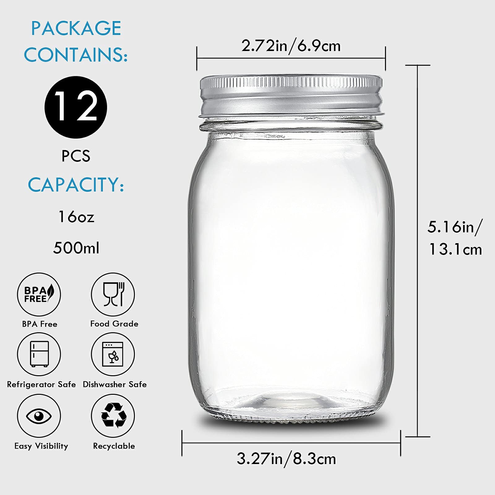 Yeboda 16 Oz Wide Mouth Mason Jars 12 Pack Glass Canning Jars With Airtight Lids And Bands For Preserving, Jam, Honey, Jelly, We
