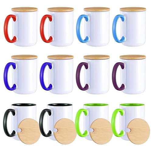RAINBOWTIE Sublimation Mugs Set of 12  15 oz Sublimation Mugs Blank with Bamboo Lid  Sublimation Coffee Mugs  Tazas Para Sublimacion  Mug Sets  Coffee Cup with Lid 6 Assorted Colors