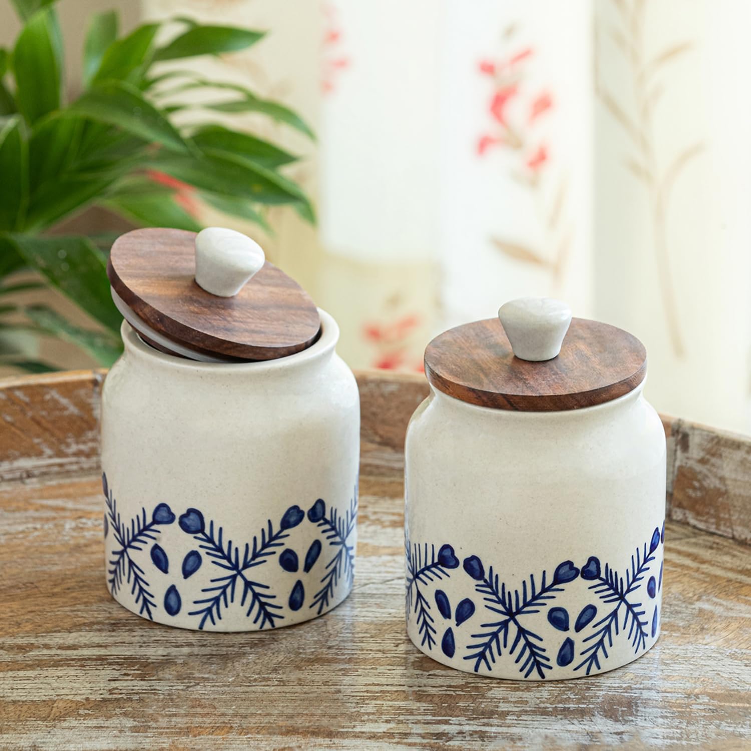 Exclusivelane Royal Mughal Airtight Ceramic Jars For Kitchen Storage With Wooden Lid Ceramic Containers For Pickle Cookies Sug