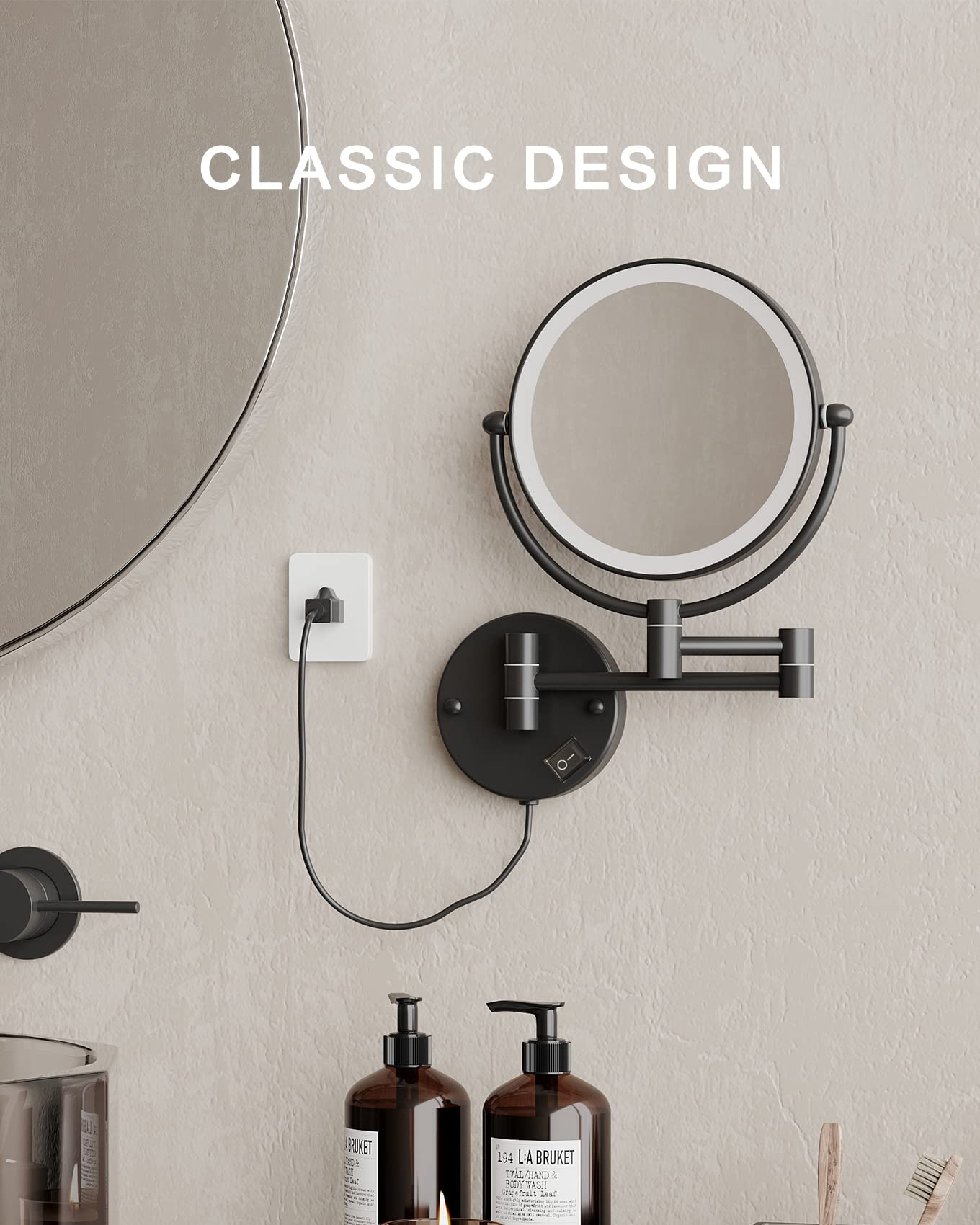 Fixsen 8 Inch Led Wall Mount Two-Sided Magnifying Makeup Vanity Mirror 12 Inch Extension Matte Black 1X/10X Magnification Plug 3