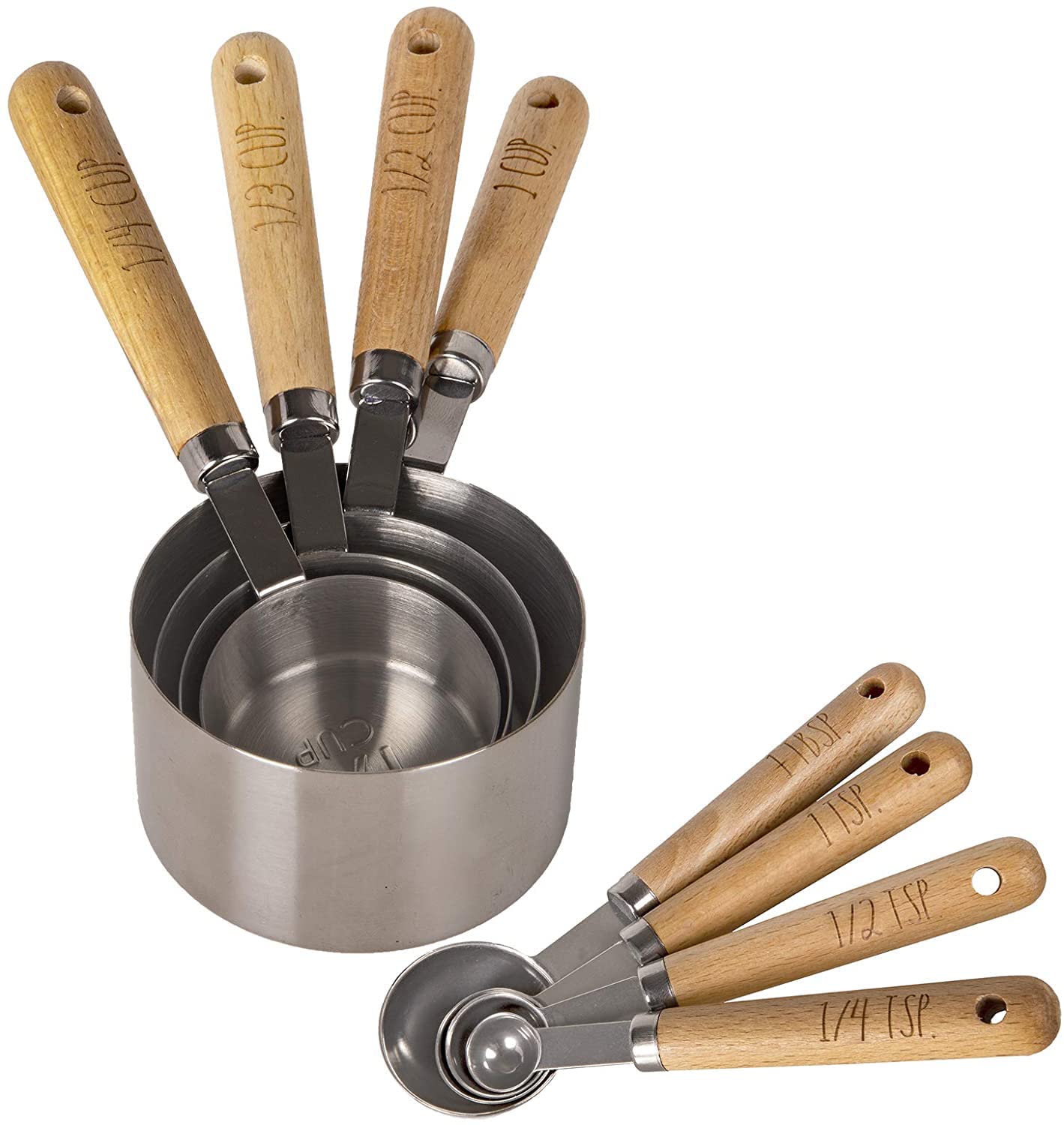 8 Piece Measuring Cups Set And Measuring Spoons Set-Nesting Kitchen Measuring Set, Liquid And Dry Measuring Cup Set (Wood)