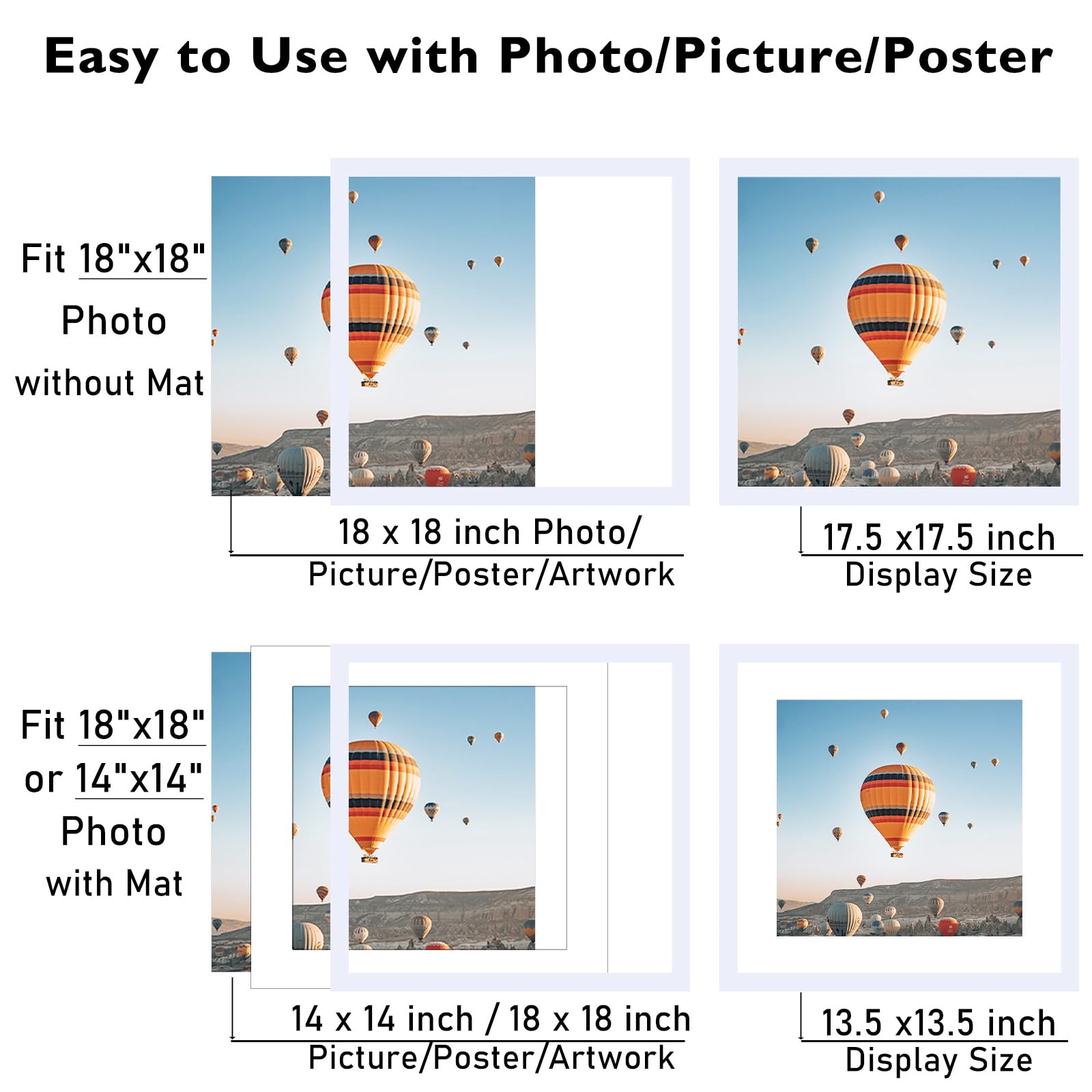 JCJMY 18x18 Picture Frame White with 14x14 Mat, Display Photo 14x14 with Mat or 18 x 18 Without Mat, Wall Hanging Large 18x18 Po