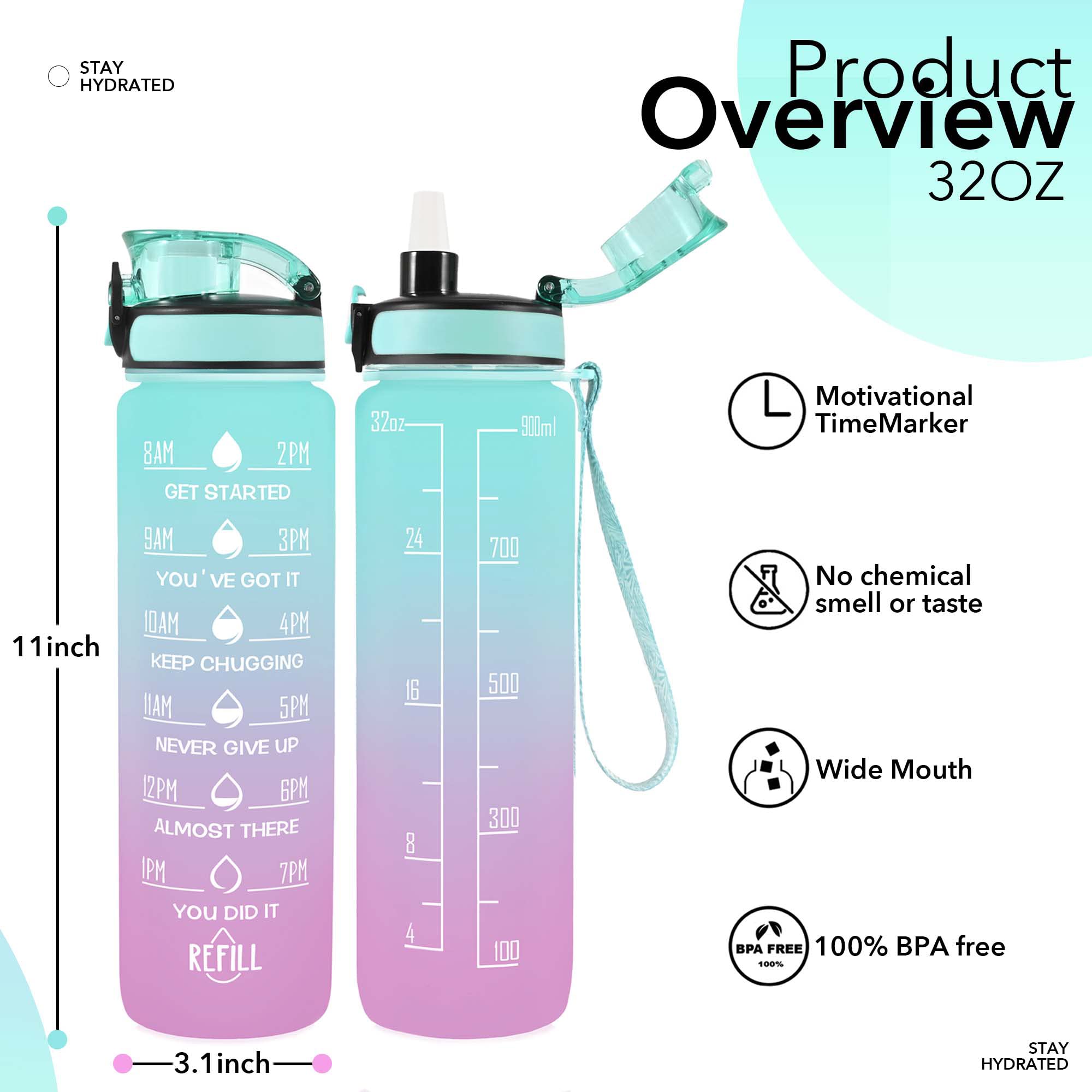 Newfad 32 oz Water Bottles with Straw & Strap  Motivational with Times to Drink  BPA Free Reusable Sports Water Bottle with Sleeve for Hiking  Travel  Running or Fitness (Spring Bouquet)
