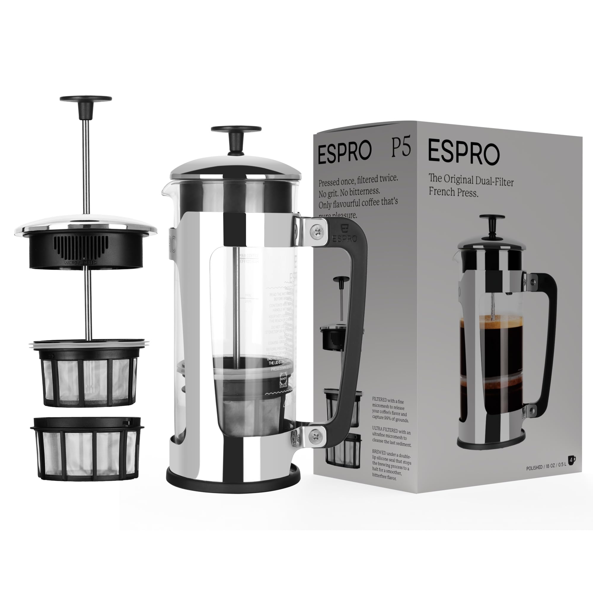 ESPRO - P5 18 ounce French Press Coffee Maker - Double Micro-Filtered Tea and Coffee Press, Grit-Free and Bitterness-Free Brews,