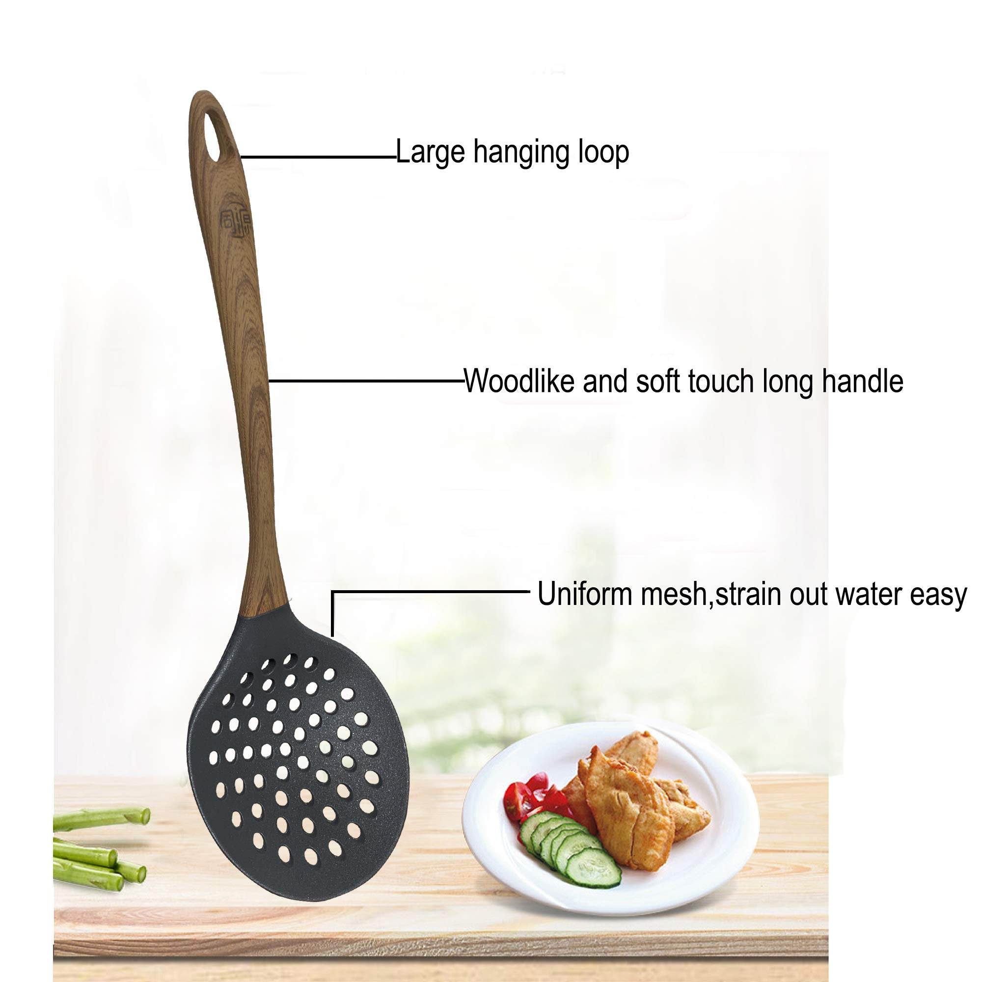 Tongyuan Skimmer Slotted Spoon With Woodlike Soft Touch Handle-Skimmer Spatula - Cooking Strainer For Soups,Stews,Gravy,Hot And