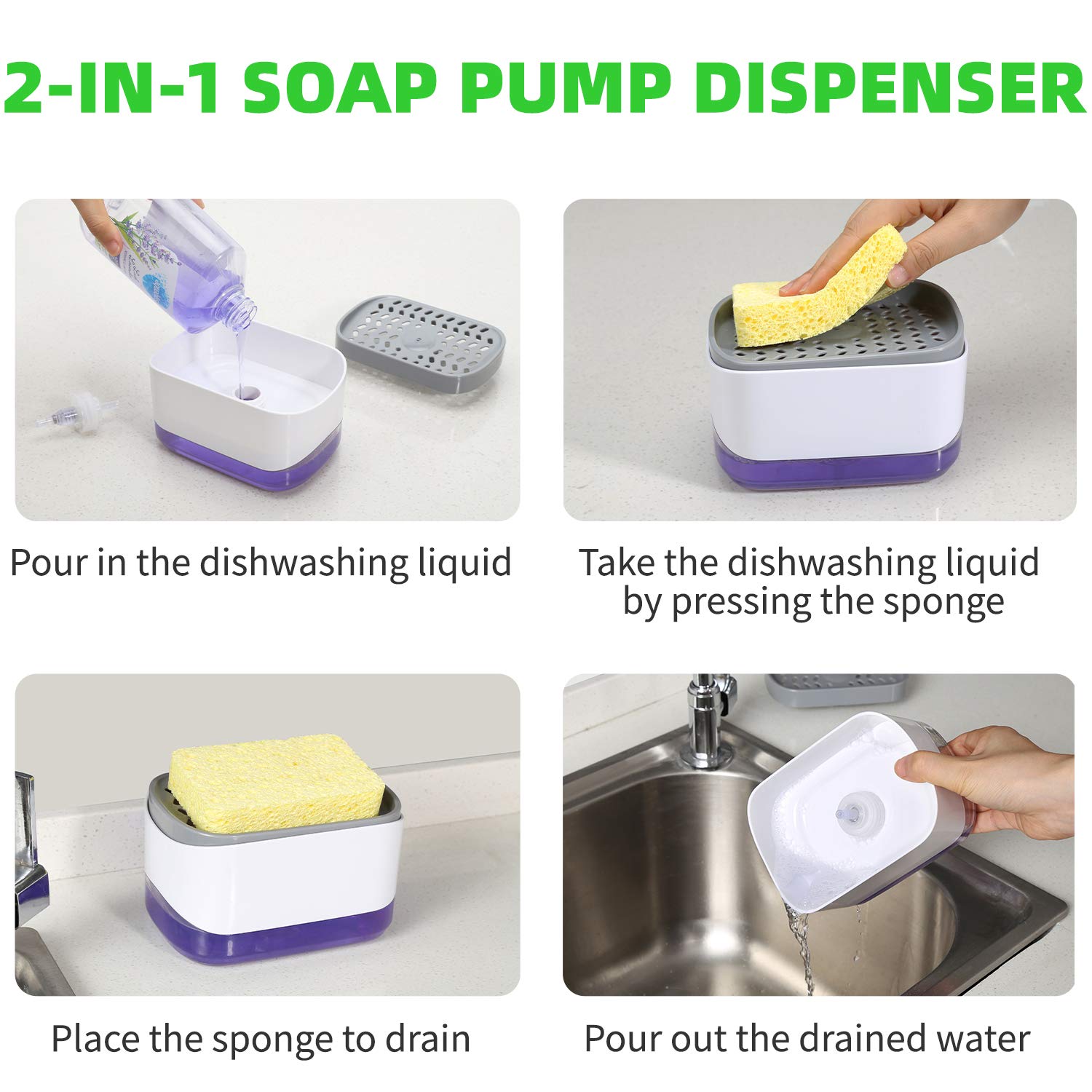 Dish Soap Dispenser For Kitchen, Soap Dispenser And Sponge Holder, Countertop Soap Pump Dispenser, 2-In-1 Soap Dispenser-One Han