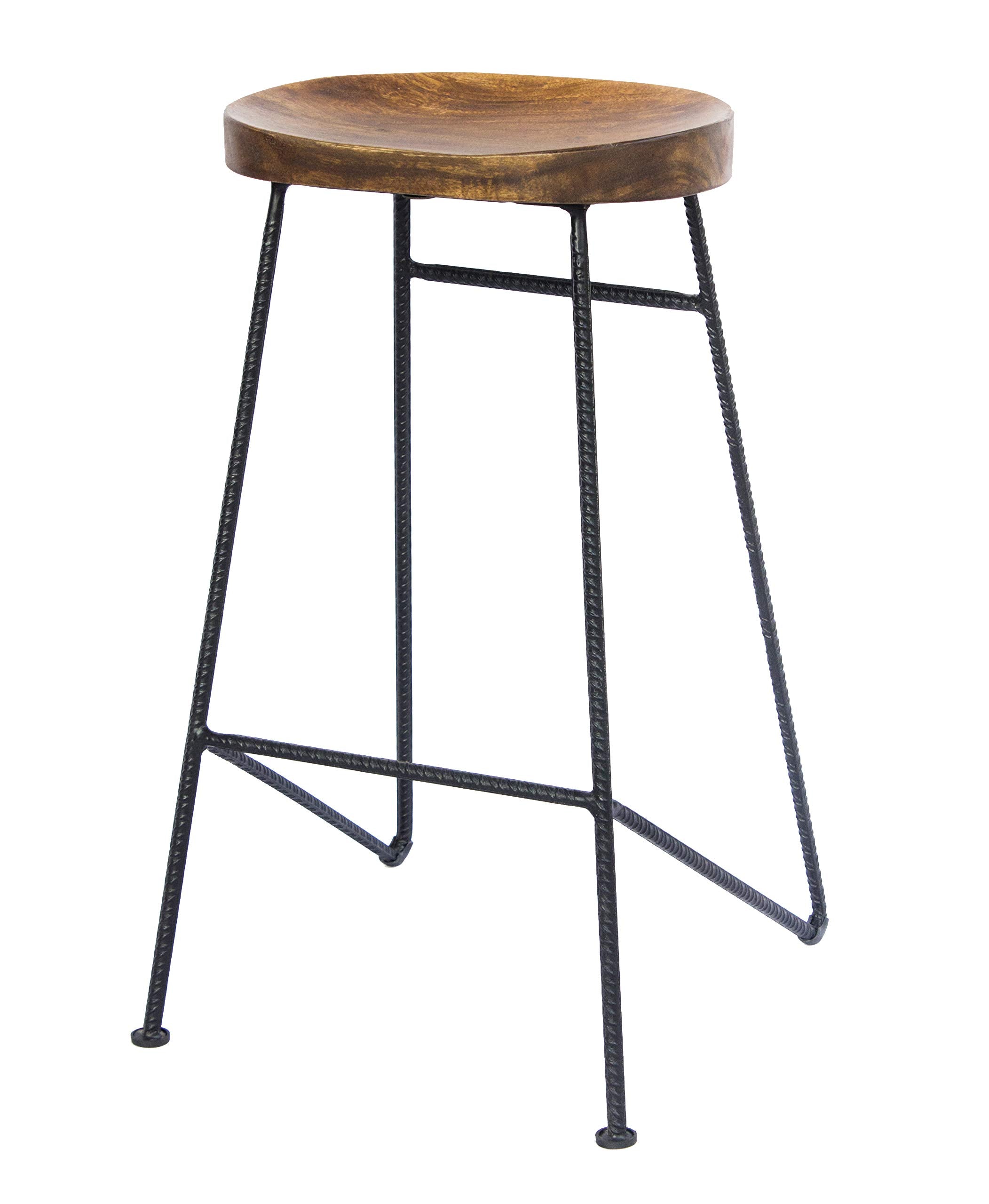 Mango Wood Saddle Seat Bar Stool With Iron Rod Legs