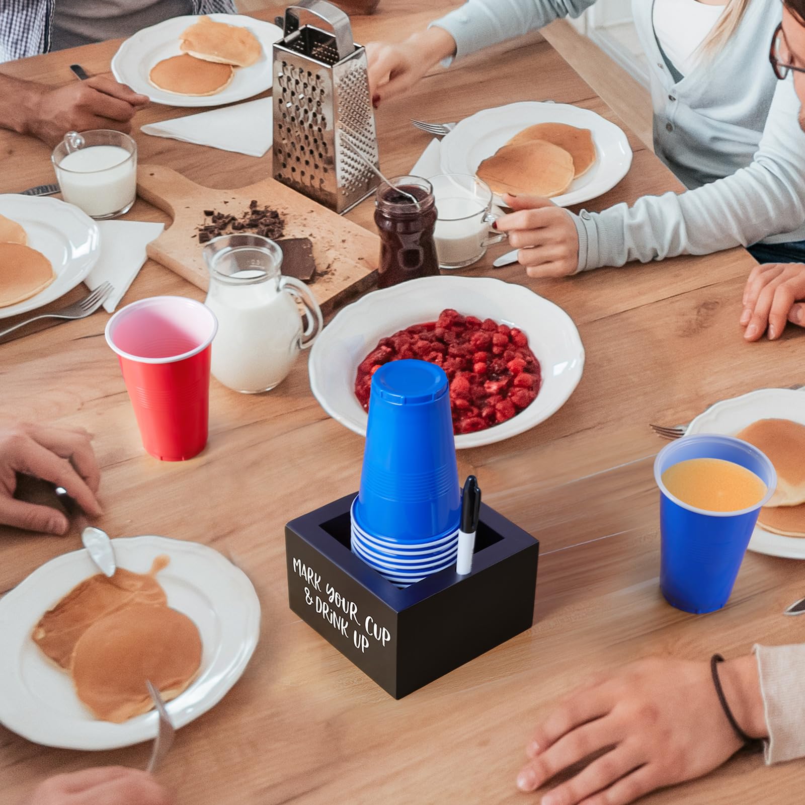 Drastar Cup Holder With Marker Slot, Mark Your Cup And Drink Up Caddy, Farmhouse Drink Holder For Party Bar, Black Wood Disposab