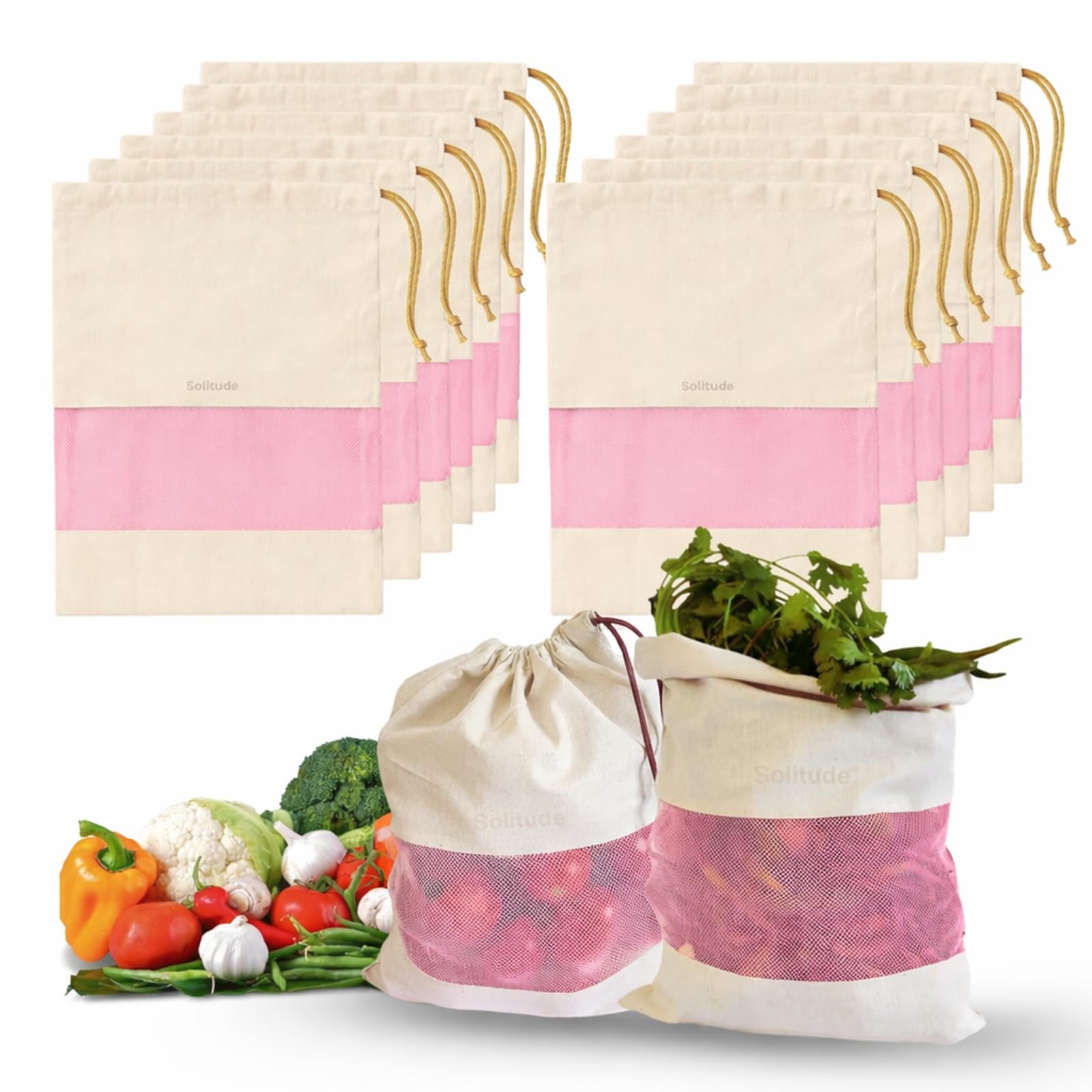 Solitude Set Of 12 Cotton Vegetable Bags Fridge Storage Bag Sabji Fruits Pouch Refrigerator Produce Muslin Reusable Washable & M