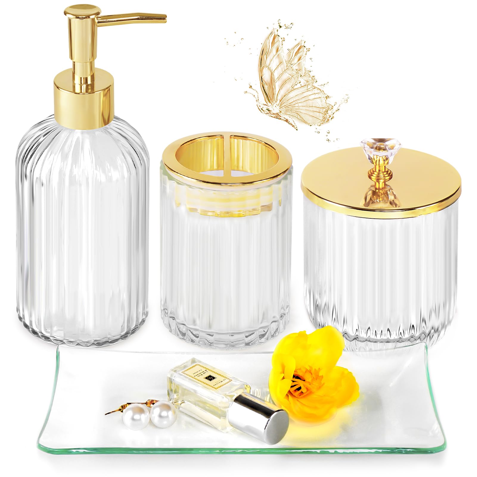 Gold Bathroom Accessories Set, 4Pcs Clear Glass Bathroom Accessory Sets Complete Of Soap Dispenser, Toothbrush Holder, Apothecar
