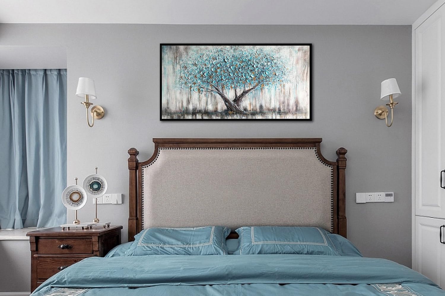 Arjun Blue Tree Wall Art Nature Tree Of Life Abstract Canvas Painting Textured Picture Panoramic Landscape Artwork For Living Ro