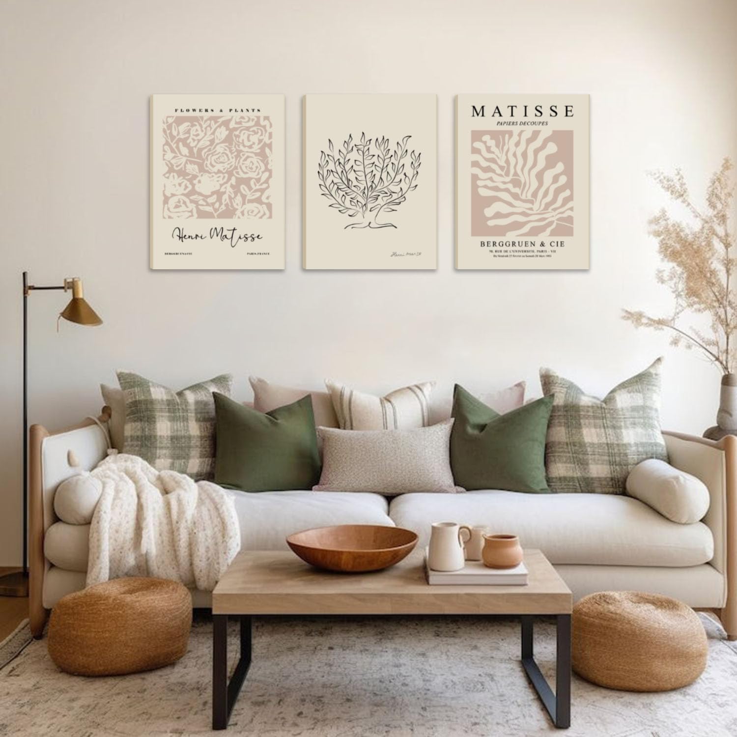 Akwish Matisse Aesthetic Canvas Wall Art Set Of 3, Abstract Henri Matisse Beige Neutral Wall Home Decor Boho Flower Abstract Pos